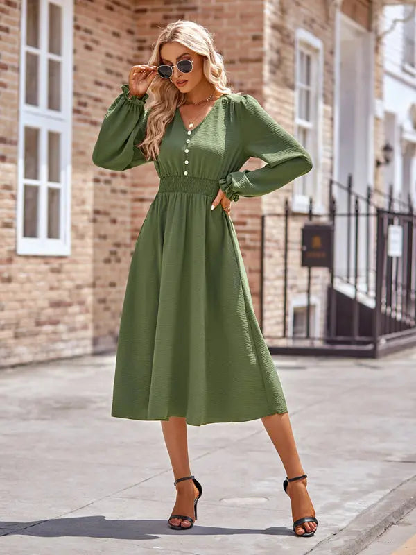 Zoe's V-Neck Waist Cinched Solid Midi Dress kakaclo