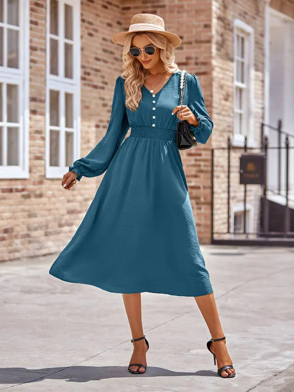 Zoe's V-Neck Waist Cinched Solid Midi Dress kakaclo