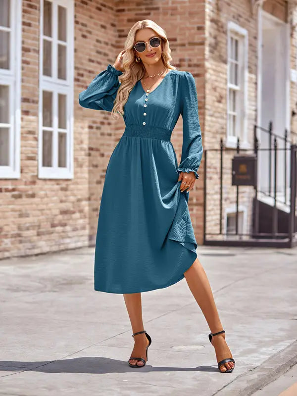 Zoe's V-Neck Waist Cinched Solid Midi Dress kakaclo