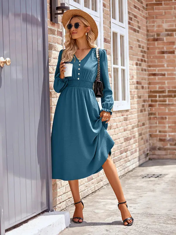 Zoe's V-Neck Waist Cinched Solid Midi Dress kakaclo