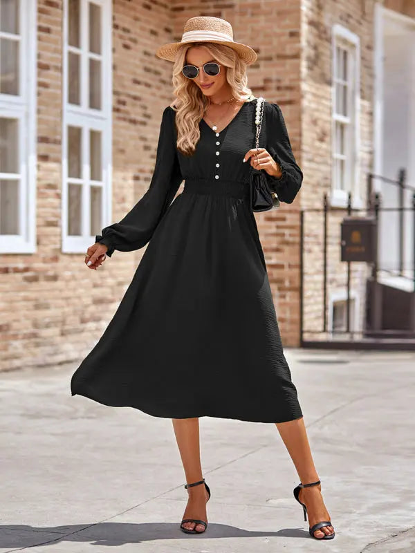 Zoe's V-Neck Waist Cinched Solid Midi Dress kakaclo