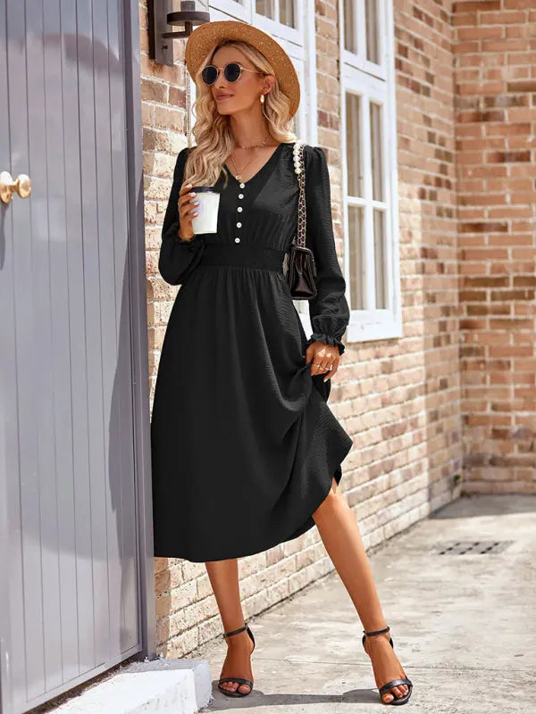 Zoe's V-Neck Waist Cinched Solid Midi Dress kakaclo