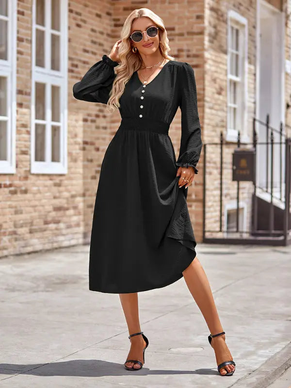 Zoe's V-Neck Waist Cinched Solid Midi Dress kakaclo