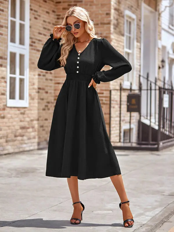 Zoe's V-Neck Waist Cinched Solid Midi Dress kakaclo