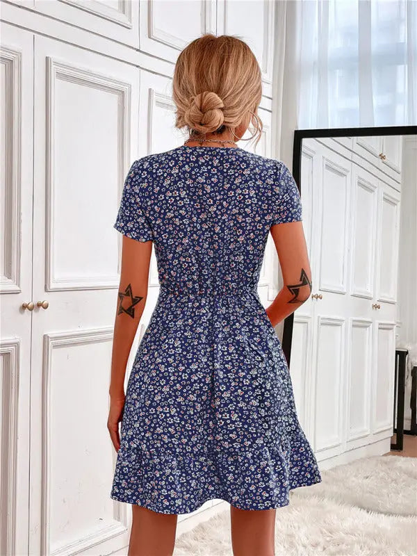Zoe's Woven V-Neck Ditsy Print Short Sleeve Mini Dress BLUE ZONE PLANET