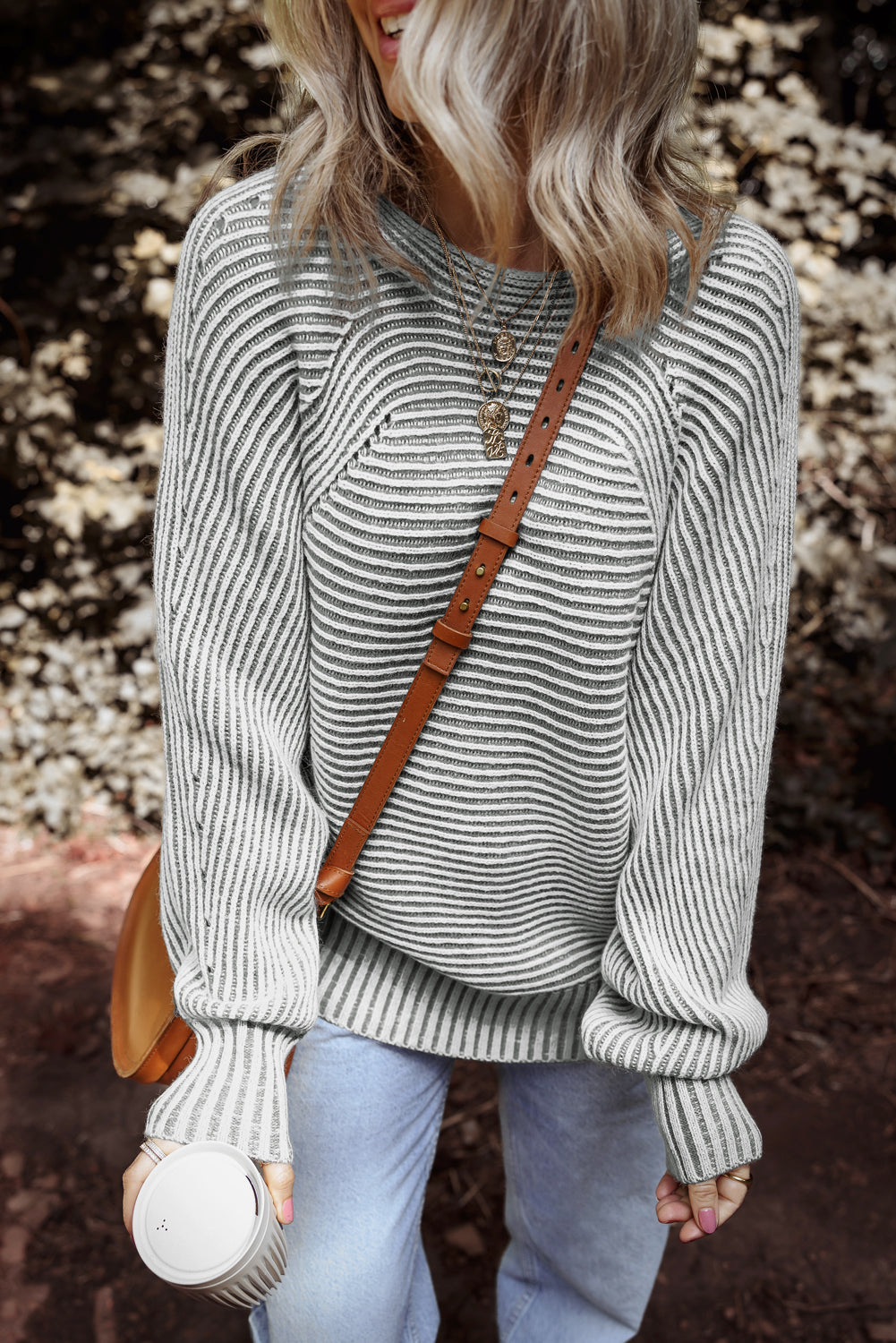 Medium Grey Striped Print Ribbed Knit Boat Neck Baggy Sweater-Sweaters & Cardigans/Sweaters-[Adult]-[Female]-2022 Online Blue Zone Planet