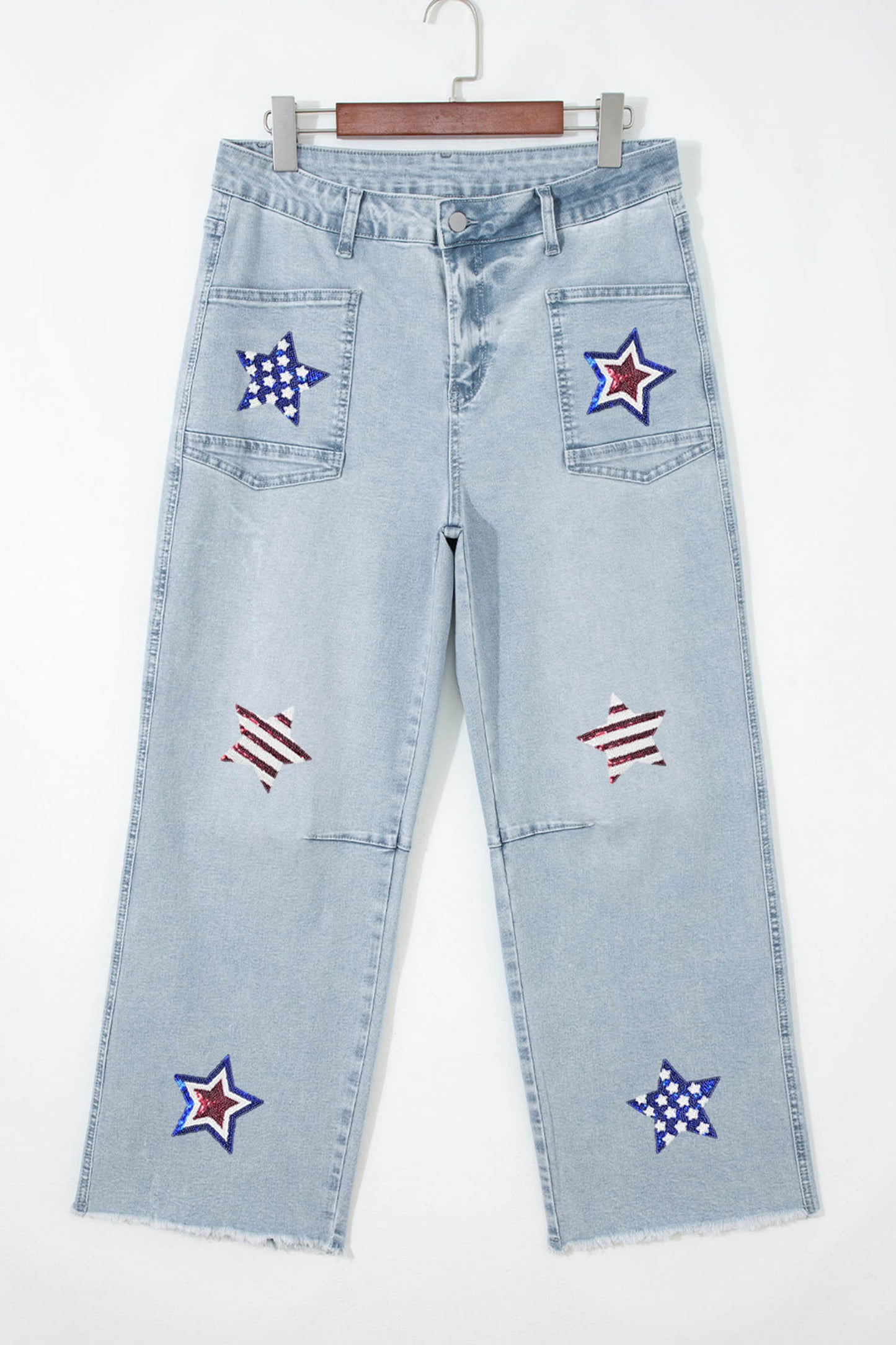 Beau Blue Patriotic Sequin Star Pattern Jeans-Graphic/Graphic Pants-[Adult]-[Female]-2022 Online Blue Zone Planet