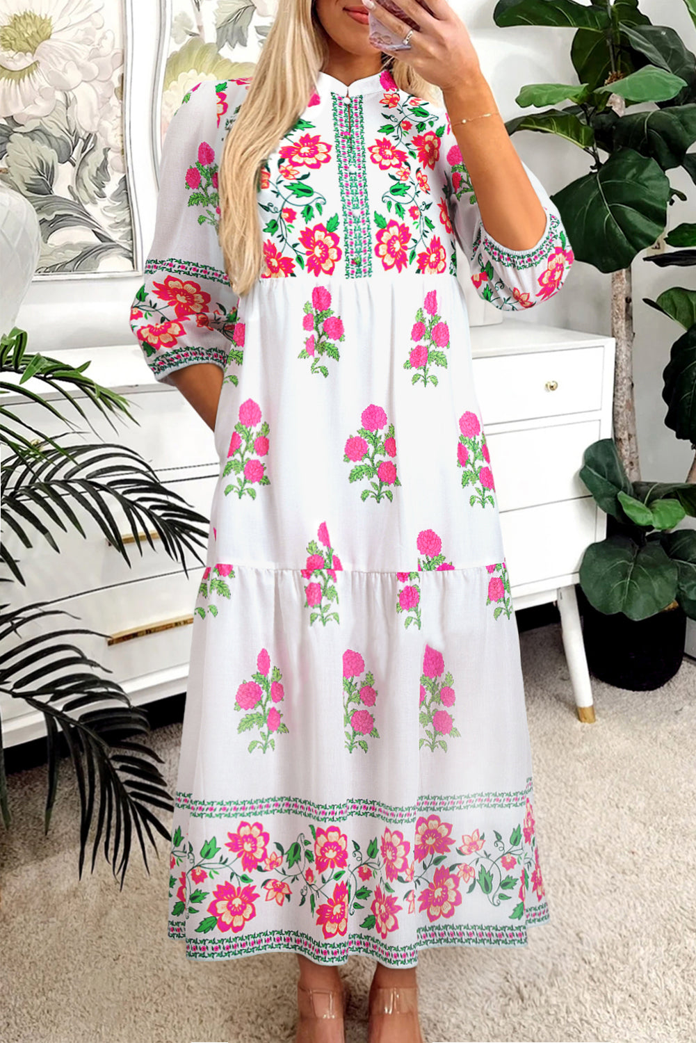 White Floral Print Half Button Mandarin Neck 3/4 Sleeve Maxi Dress-Dresses/Floral Dresses-[Adult]-[Female]-White-S-2022 Online Blue Zone Planet