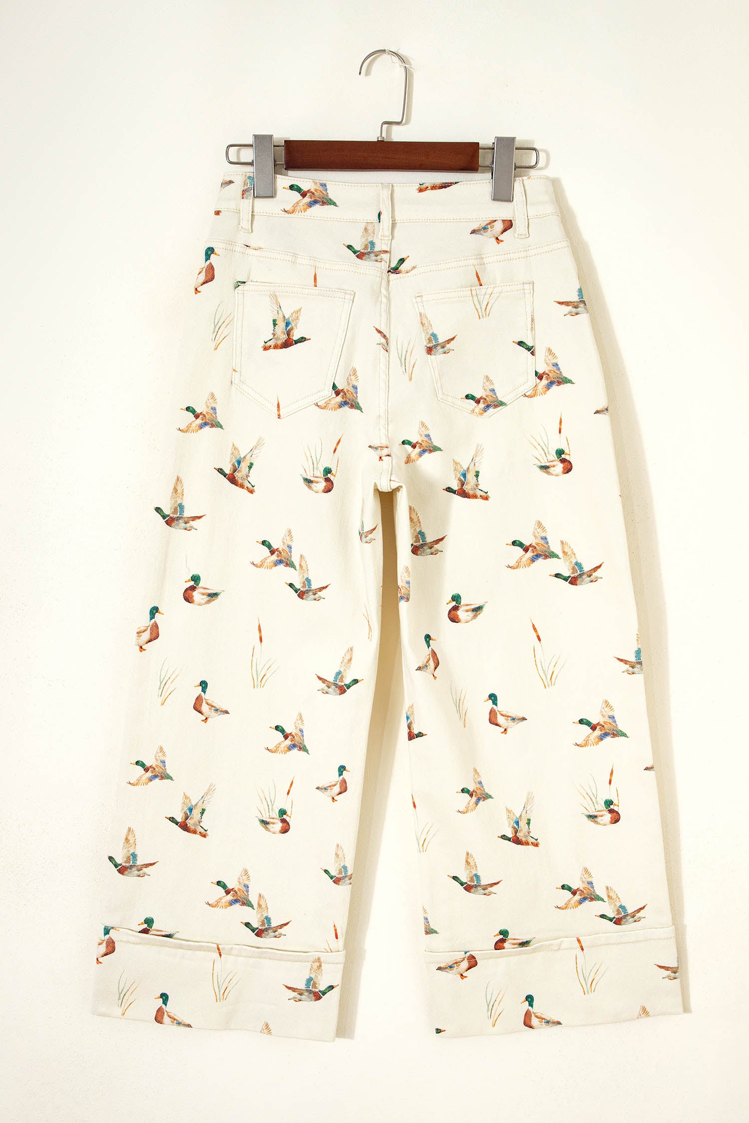 Beige Stylish Mallard Printed Cuffed Hem Shift Jeans-Bottoms/Jeans-[Adult]-[Female]-2022 Online Blue Zone Planet