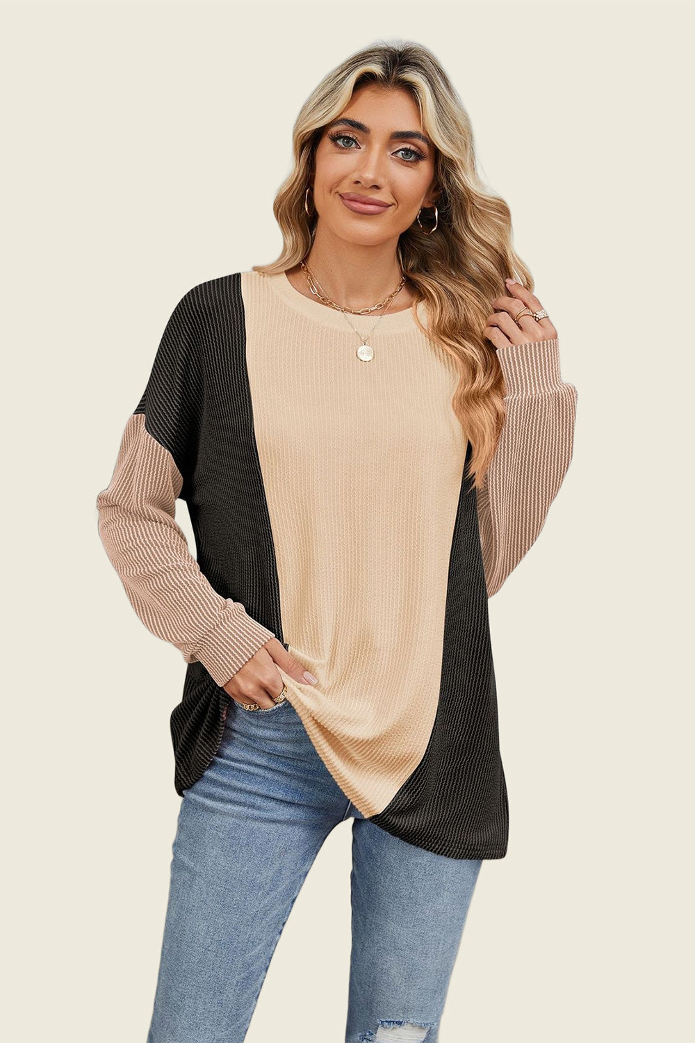 Double Take Texture Contrast Round Neck Long Sleeve T-Shirt-TOPS / DRESSES-[Adult]-[Female]-Black-S-2022 Online Blue Zone Planet