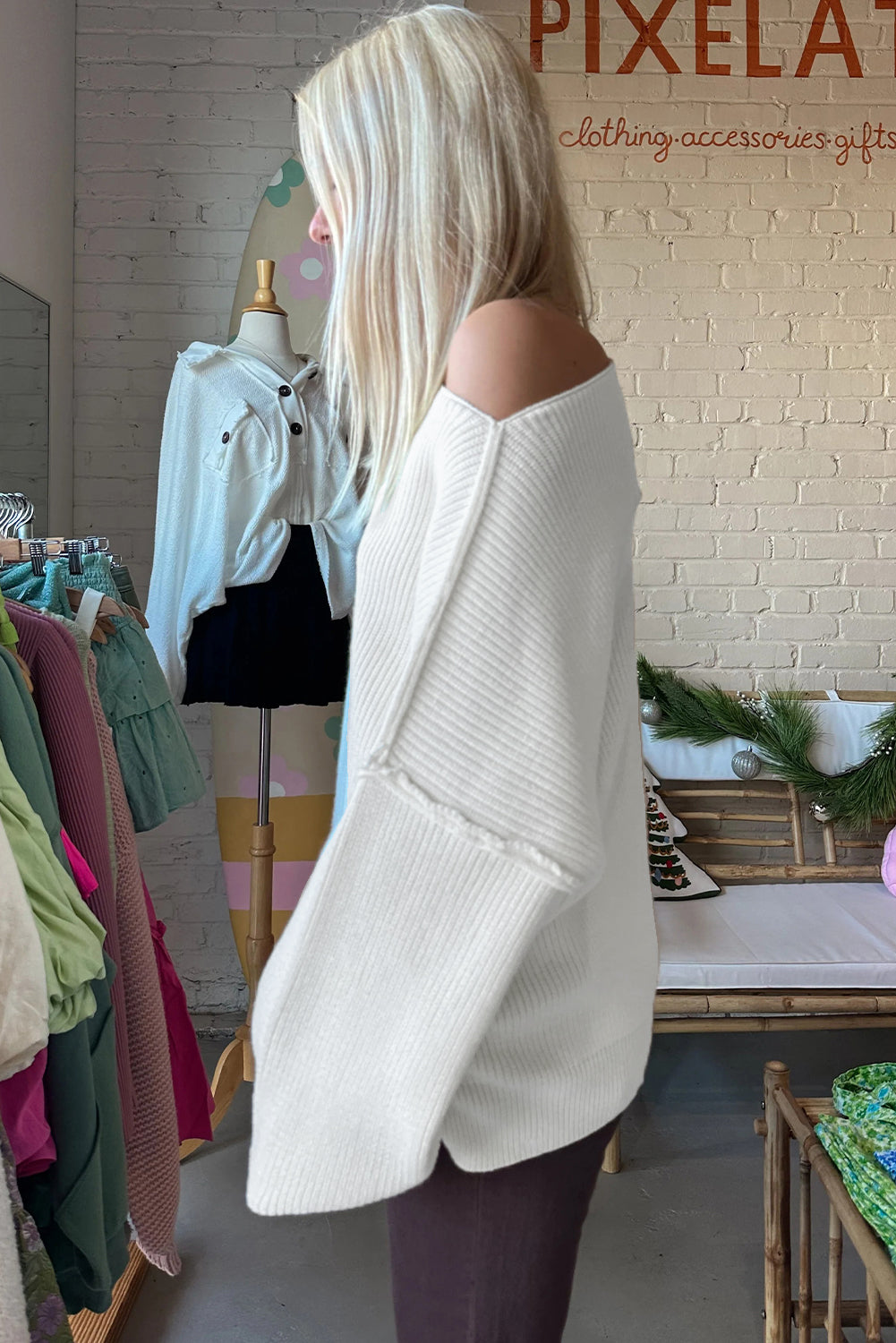 White Asymmetric Neck Drop Shoulder Baggy Slouchy Sweater-TOPS / DRESSES-[Adult]-[Female]-2022 Online Blue Zone Planet