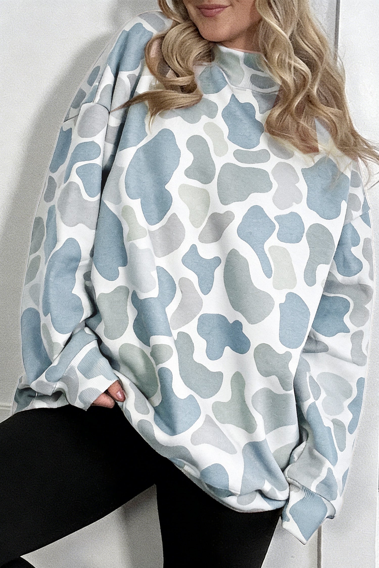 Sky Blue Camouflage Western Style Pullover Sweatshirt-Tops/Sweatshirts & Hoodies-[Adult]-[Female]-2022 Online Blue Zone Planet