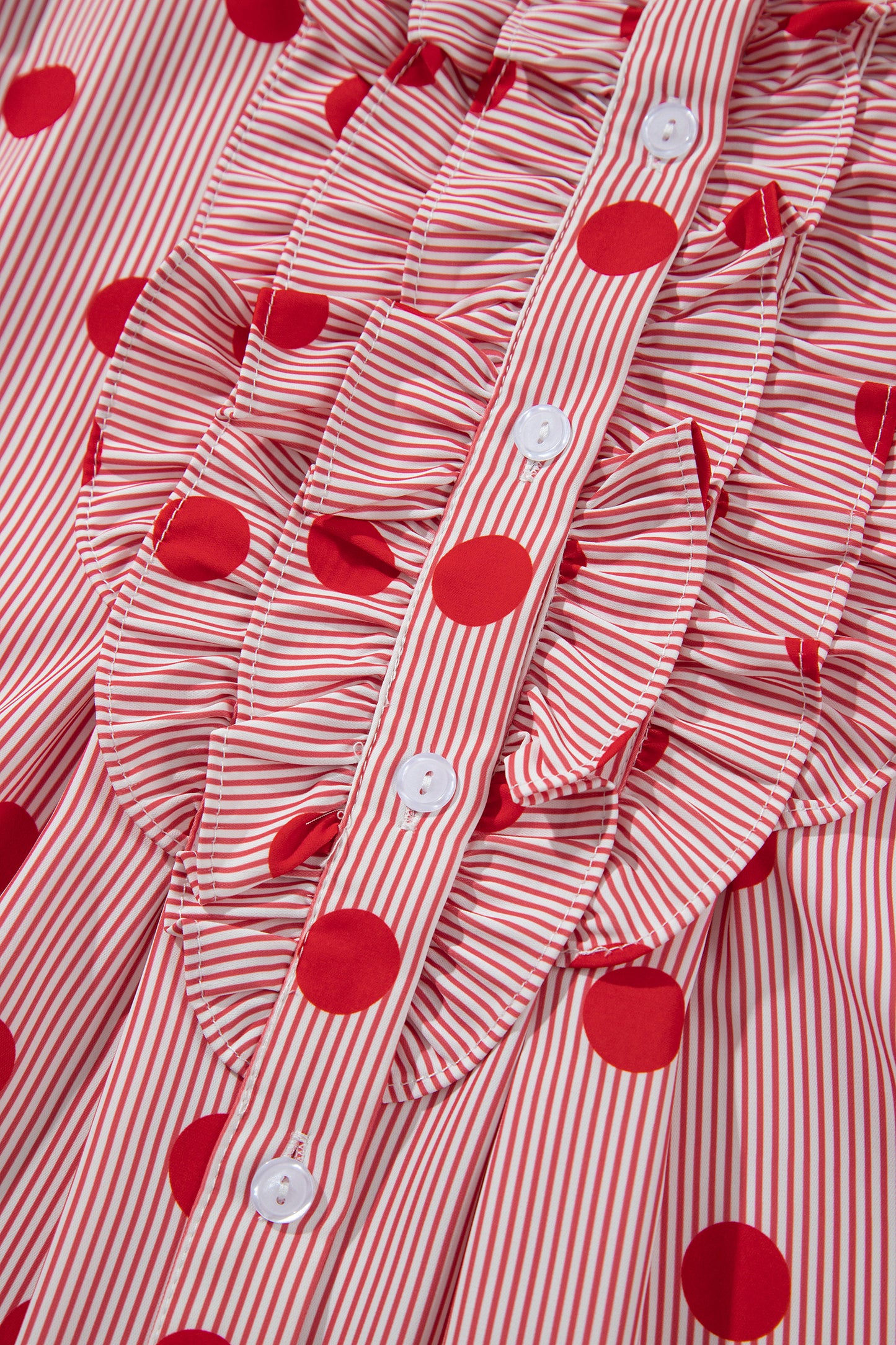Fiery Red Polka Dot Striped Print Ruffle Stand Neck 3/4 Sleeve Shift Shirt-Tops/Blouses & Shirts-[Adult]-[Female]-2022 Online Blue Zone Planet