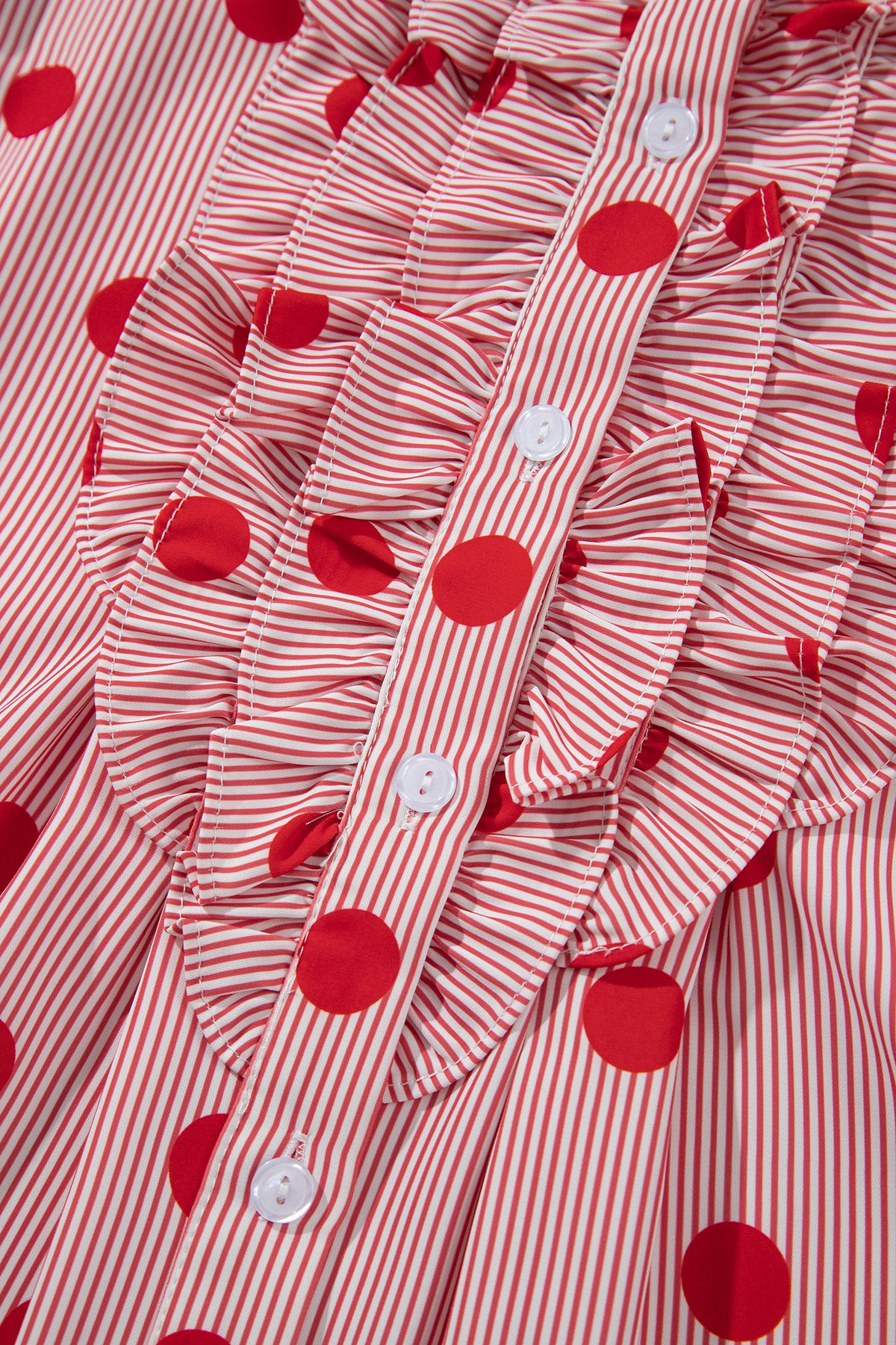Fiery Red Polka Dot Striped Print Ruffle Stand Neck 3/4 Sleeve Shift Shirt-Tops/Blouses & Shirts-[Adult]-[Female]-2022 Online Blue Zone Planet