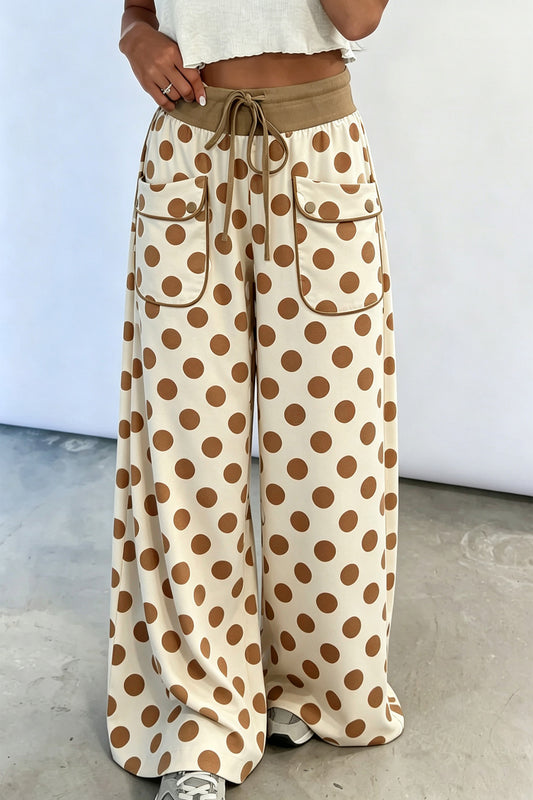 Khaki Polka Dot Drawstring Pocket Wide Leg Pants-Bottoms/Pants & Culotte-[Adult]-[Female]-Khaki-S-2022 Online Blue Zone Planet