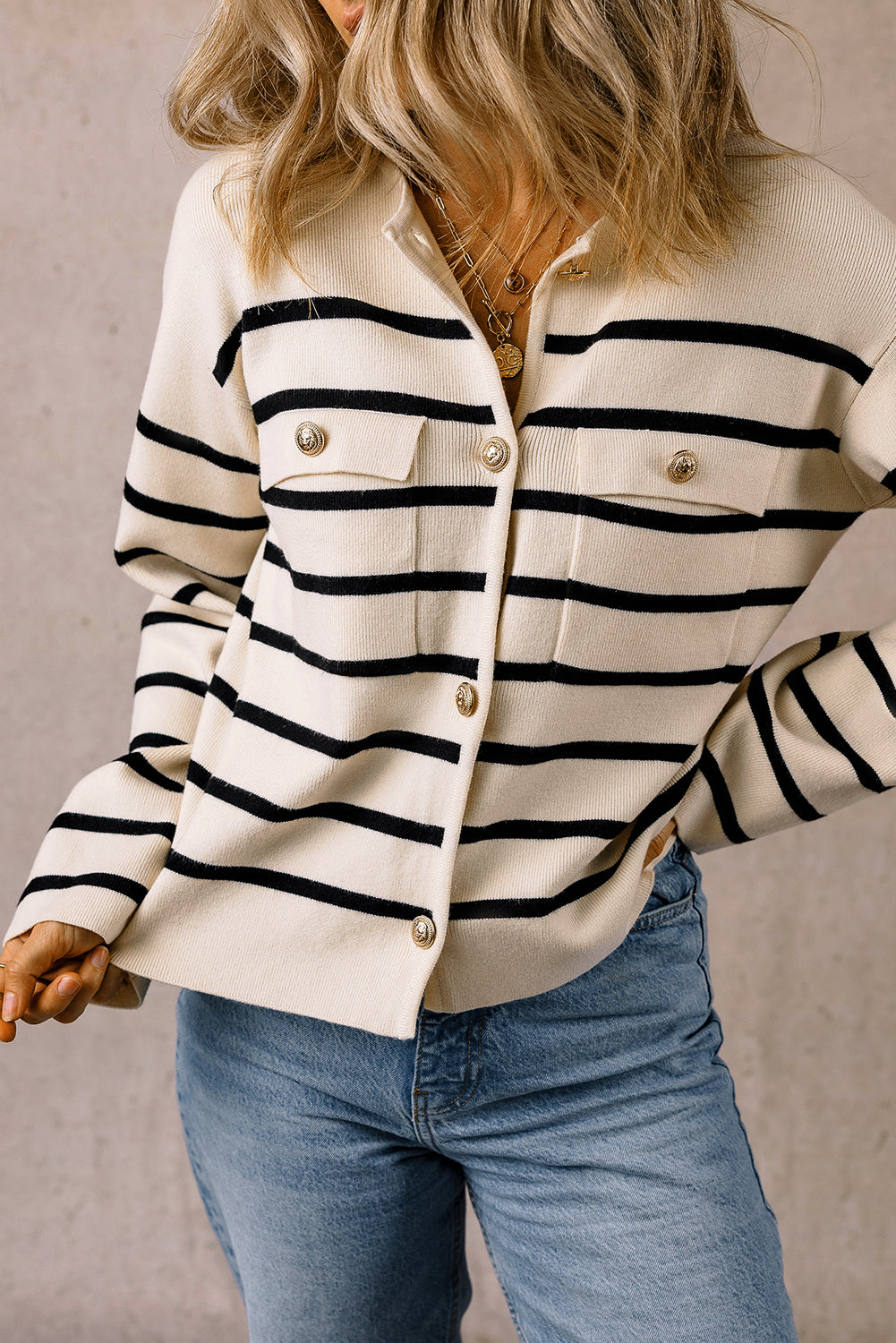 Blue Zone Planet | Black Stripe Flap Pocket Buttoned Cardigan Sweater-Sweaters & Cardigans/Cardigans-[Adult]-[Female]-2022 Online Blue Zone Planet