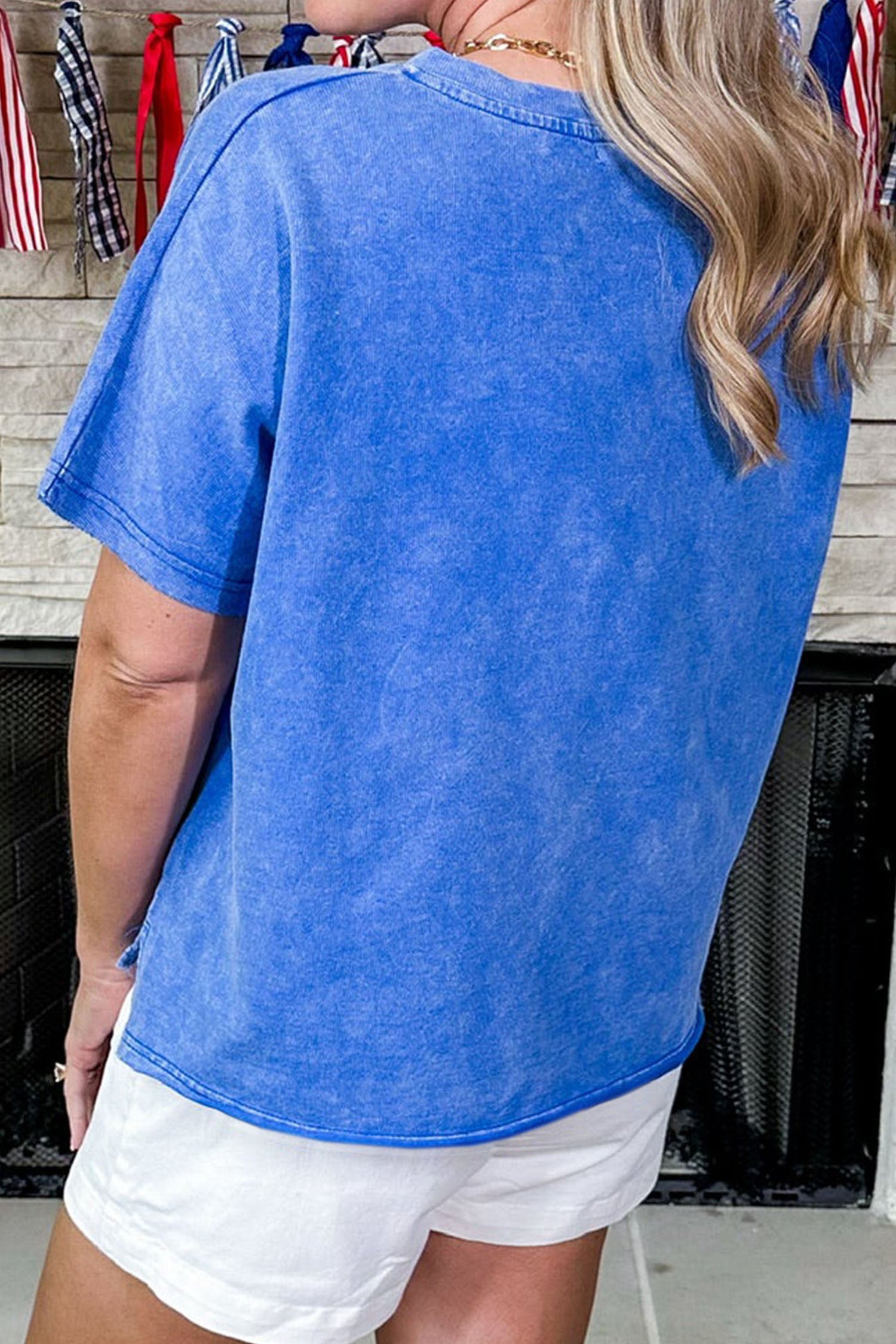 White Patriot Star Patched Notched Neck Mineral Washed Tee-Tops/Tops & Tees-[Adult]-[Female]-2022 Online Blue Zone Planet