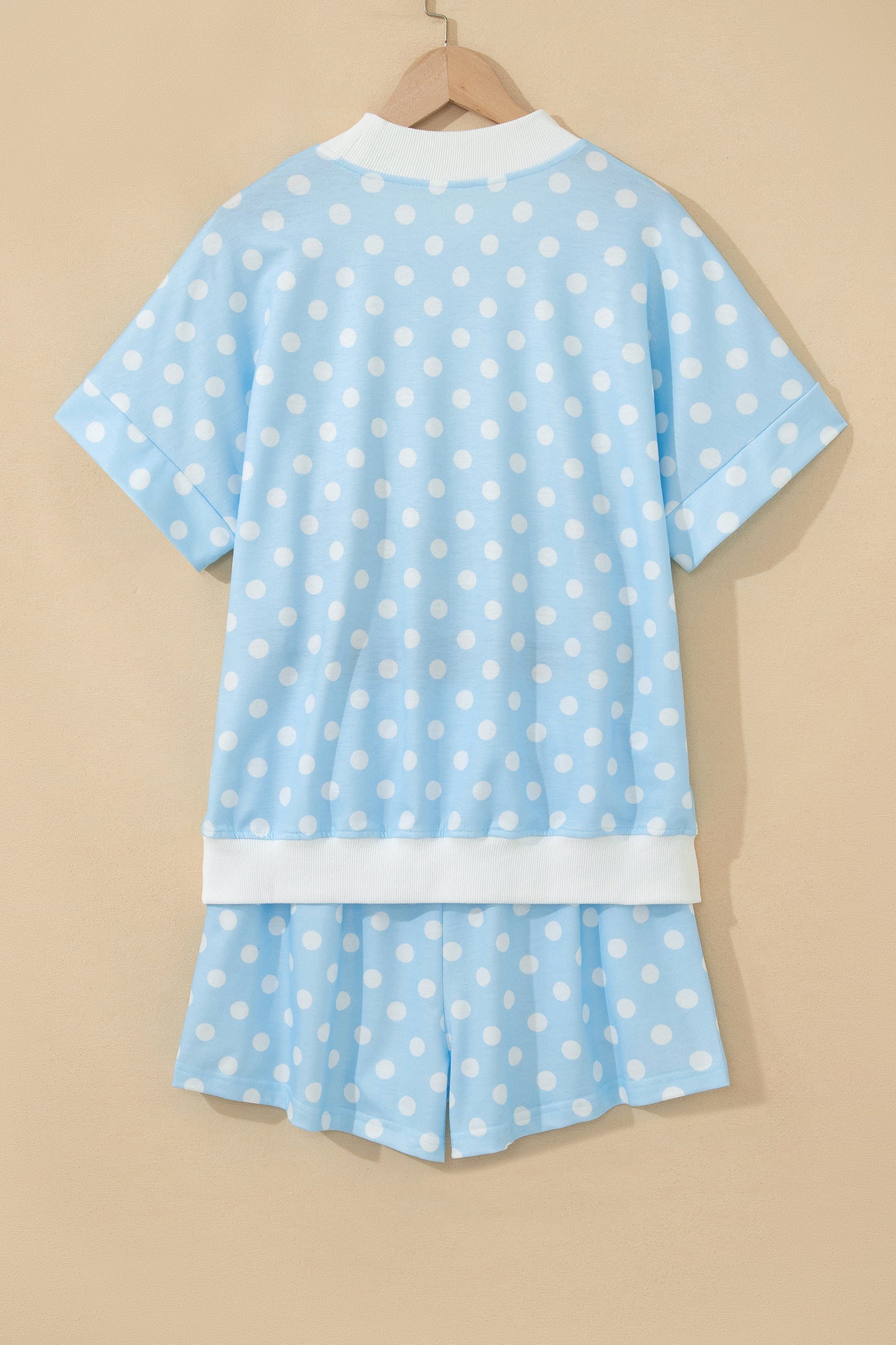 Sky Blue Polka Dot Print Color Block Trim Mock Neck Short Set-Two Piece Sets/Short Sets-[Adult]-[Female]-2022 Online Blue Zone Planet