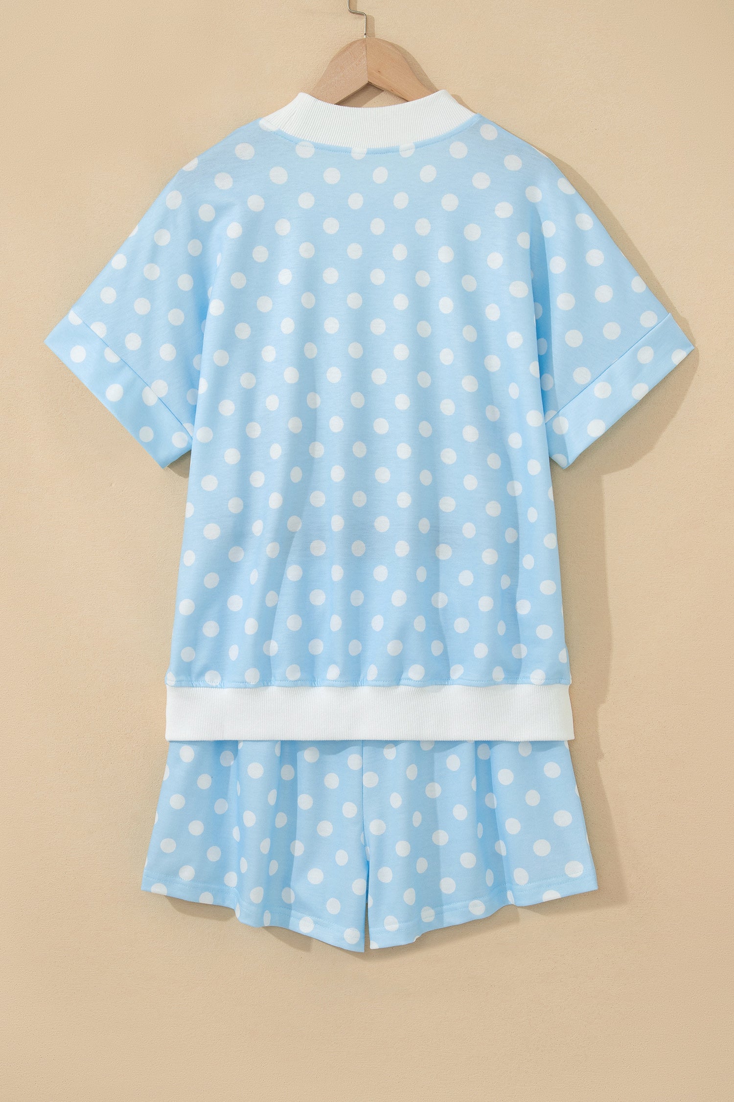 Sky Blue Polka Dot Print Color Block Trim Mock Neck Short Set-Two Piece Sets/Short Sets-[Adult]-[Female]-2022 Online Blue Zone Planet