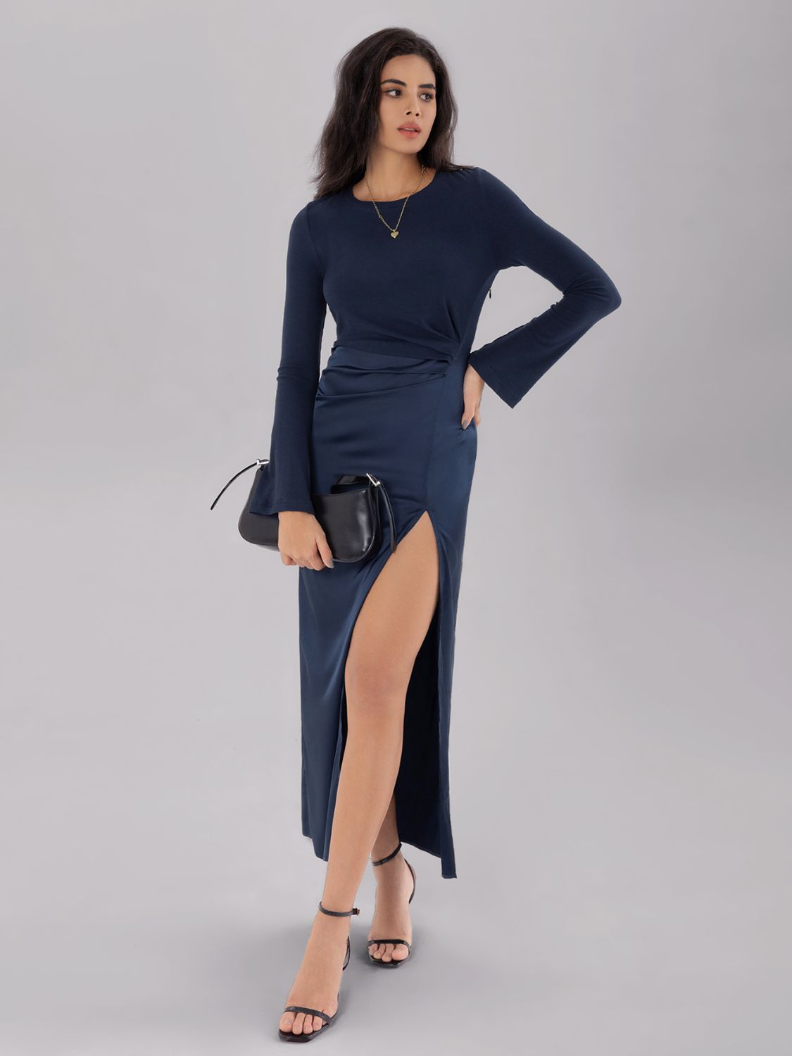 Split Round Neck Long Sleeve Midi Dress-TOPS / DRESSES-[Adult]-[Female]-2022 Online Blue Zone Planet