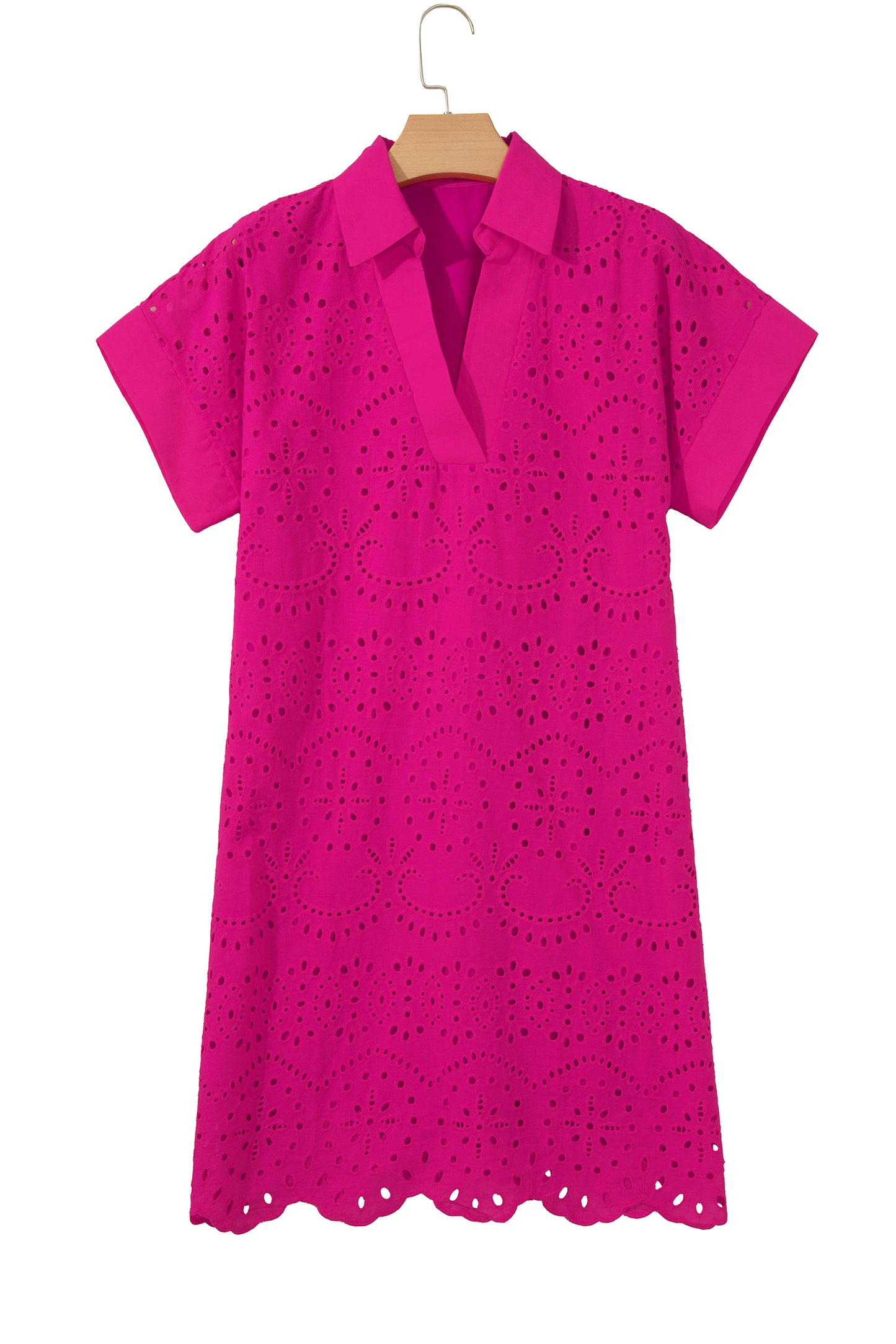 Rose Red Solid Color Eyelet Embroidered T Shirt Mini Dress-TOPS / DRESSES-[Adult]-[Female]-2022 Online Blue Zone Planet