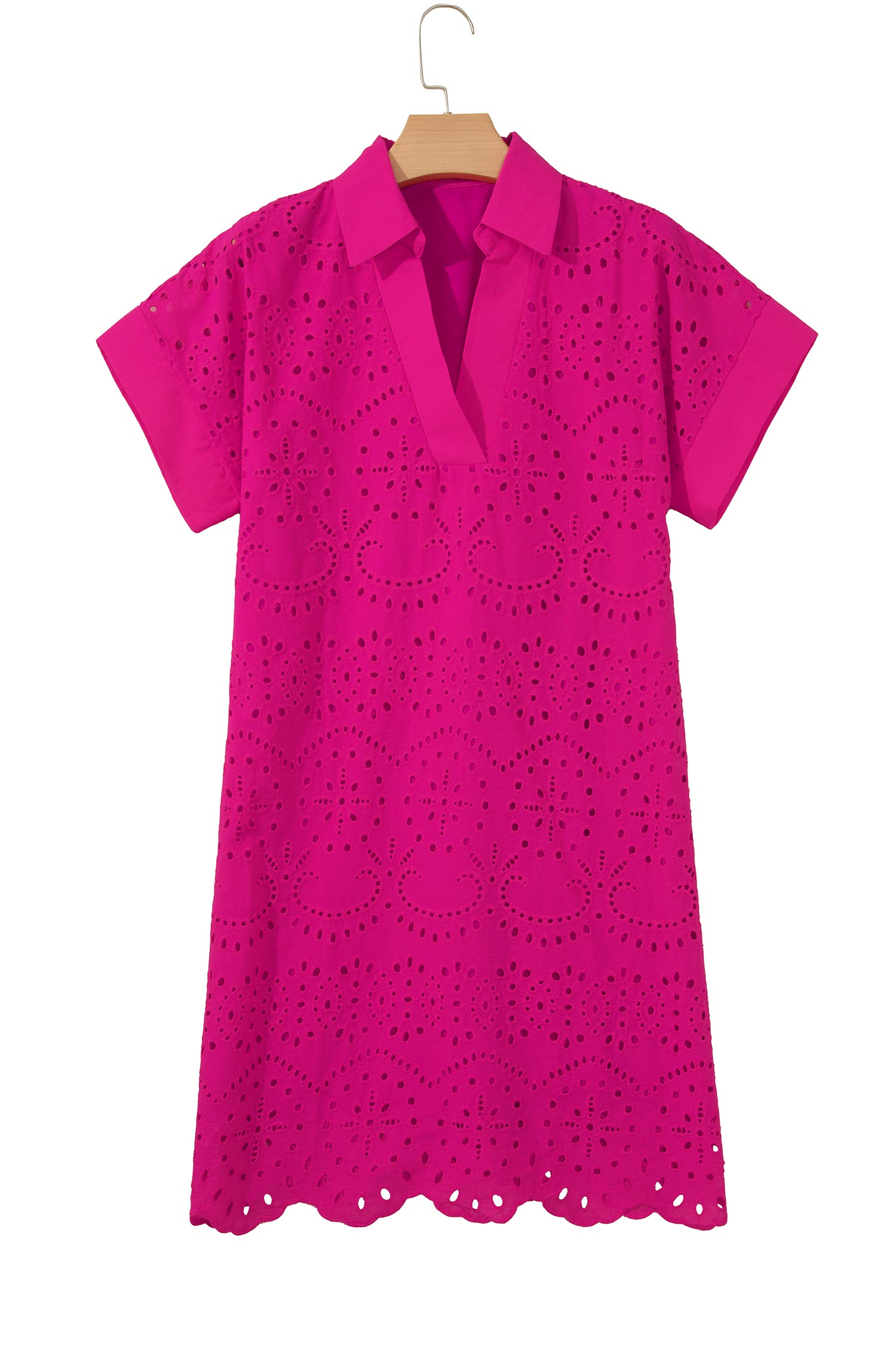 Rose Red Solid Color Eyelet Embroidered T Shirt Mini Dress-TOPS / DRESSES-[Adult]-[Female]-2022 Online Blue Zone Planet