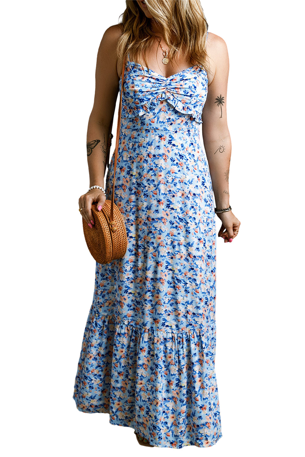 Blue Zone Planet | Sky Blue Floral Print Ruffled Ruched Maxi Dress-TOPS / DRESSES-[Adult]-[Female]-2022 Online Blue Zone Planet