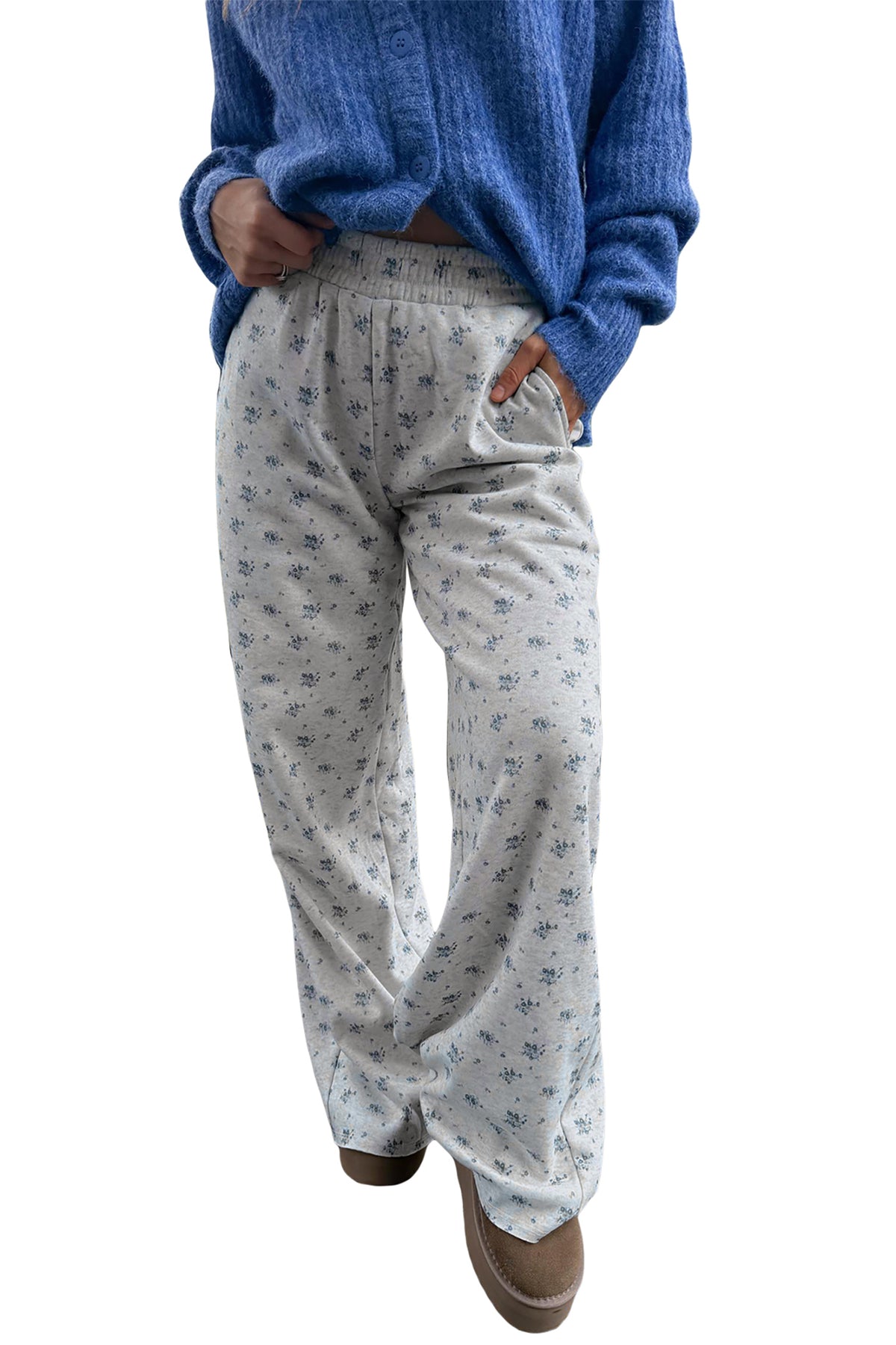 Gray Floral Print Elastic Waist Full Length Regular Pants-Bottoms/Pants & Culotte-[Adult]-[Female]-2022 Online Blue Zone Planet