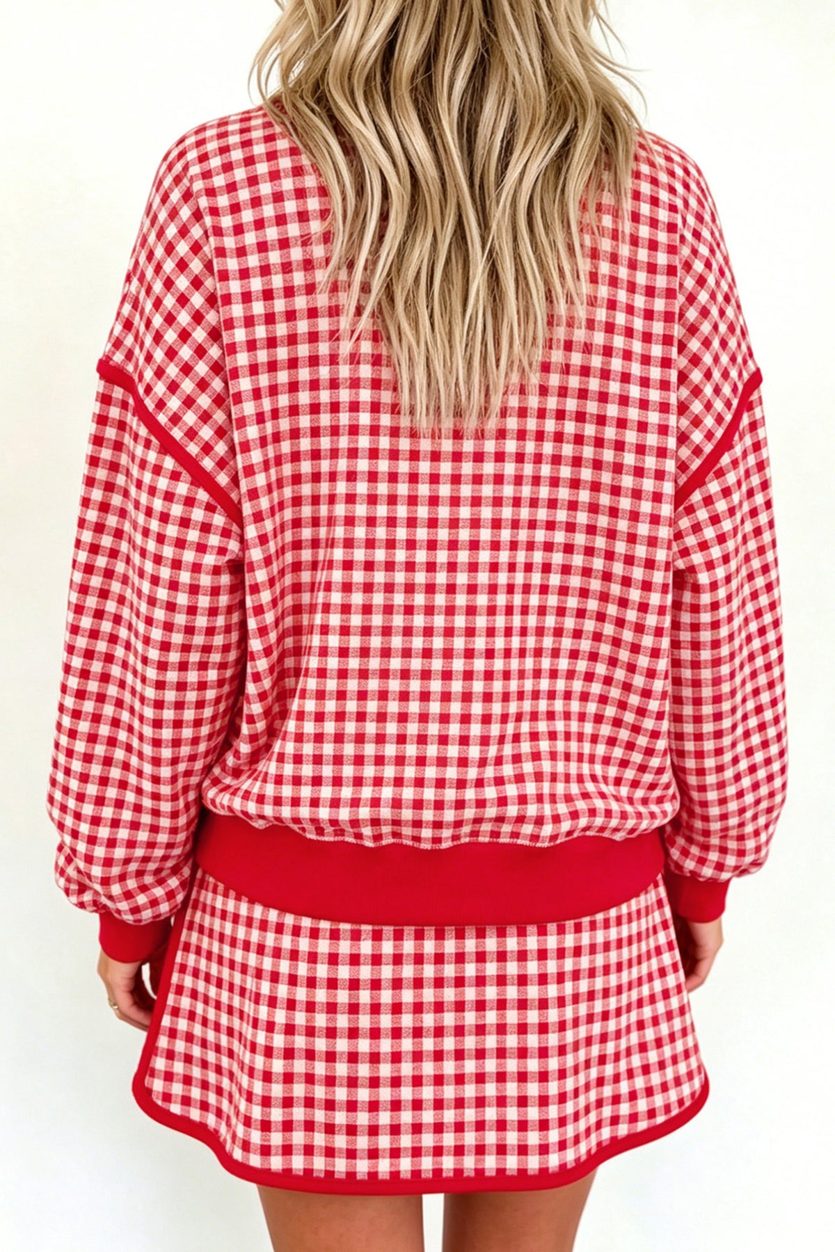 Red Gingham Oversized Ribbed Trim Crew Neck Long Sleeve Top and Skort Set-Two Piece Sets/Two Piece Dresses-[Adult]-[Female]-2022 Online Blue Zone Planet