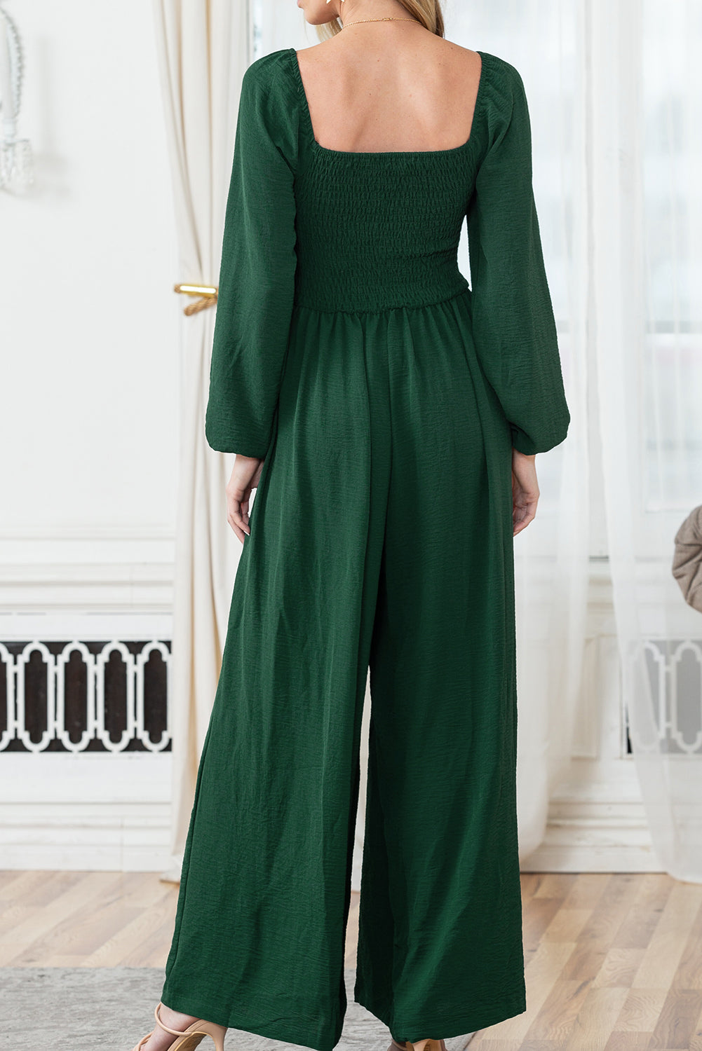 Green Smocked Square Neck Long Sleeve Wide Leg Jumpsuit-Jumpsuits-[Adult]-[Female]-2022 Online Blue Zone Planet