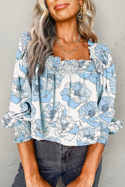 Sky Blue Floral Print Frilly Smocked Square Neck Long Sleeve Blouse-Tops/Blouses & Shirts-[Adult]-[Female]-Sky Blue-S-2022 Online Blue Zone Planet
