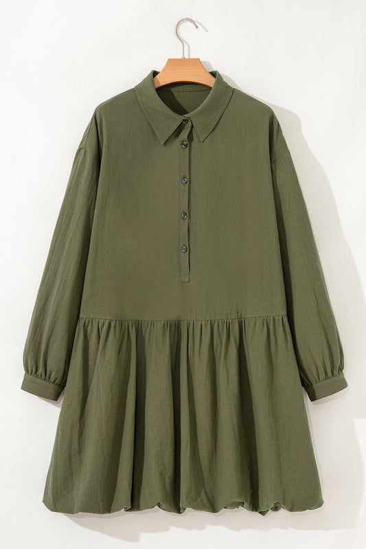 Four Leaf Clover Plus Size Collar Half Button Long Sleeve Ruffle Hem Mini Dress-TOPS / DRESSES-[Adult]-[Female]-2022 Online Blue Zone Planet