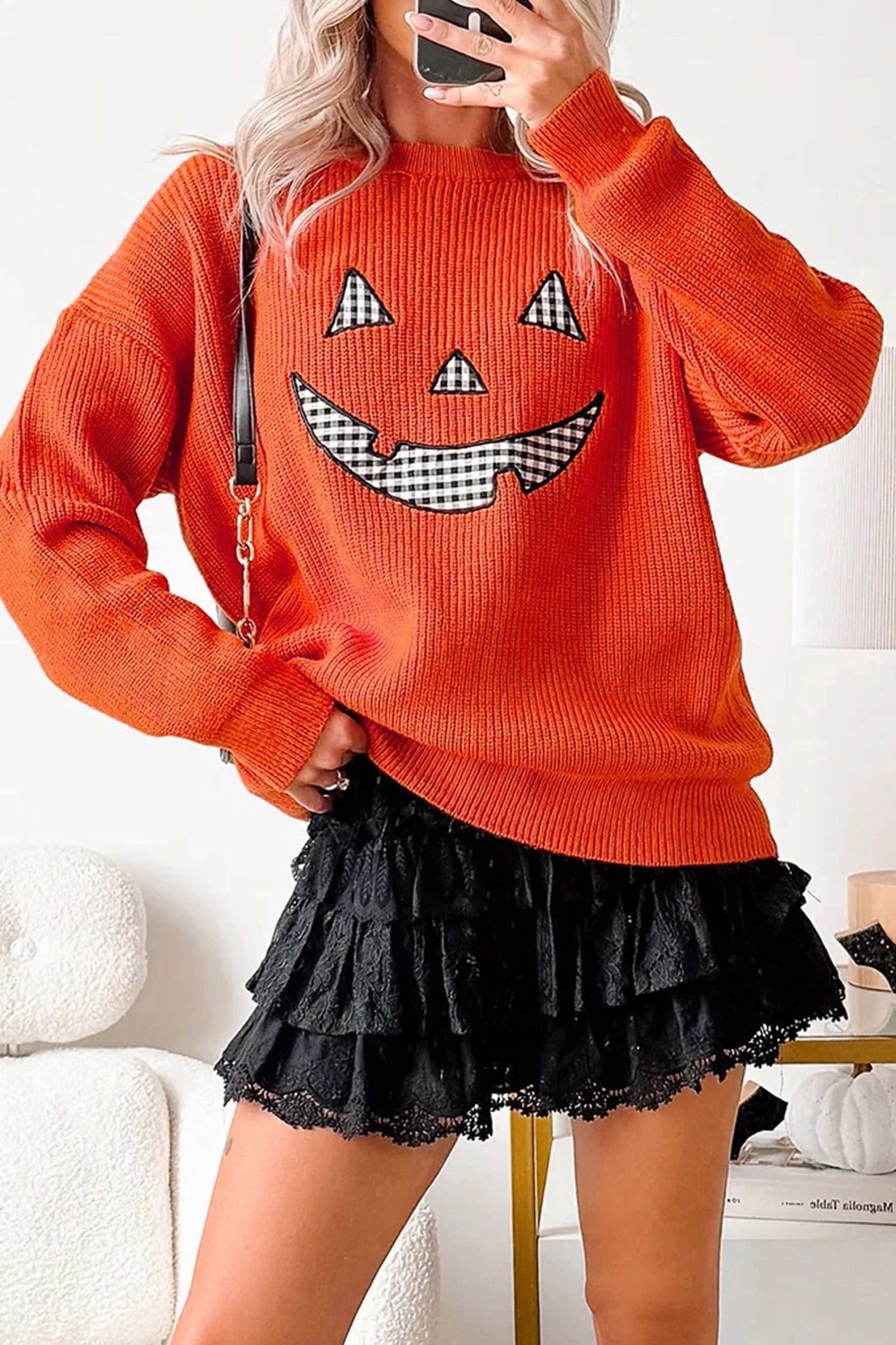 Orange Drop Shoulder Long Sleeve Round Neck Halloween Sweater-Sweaters & Cardigans/Sweaters-[Adult]-[Female]-2022 Online Blue Zone Planet