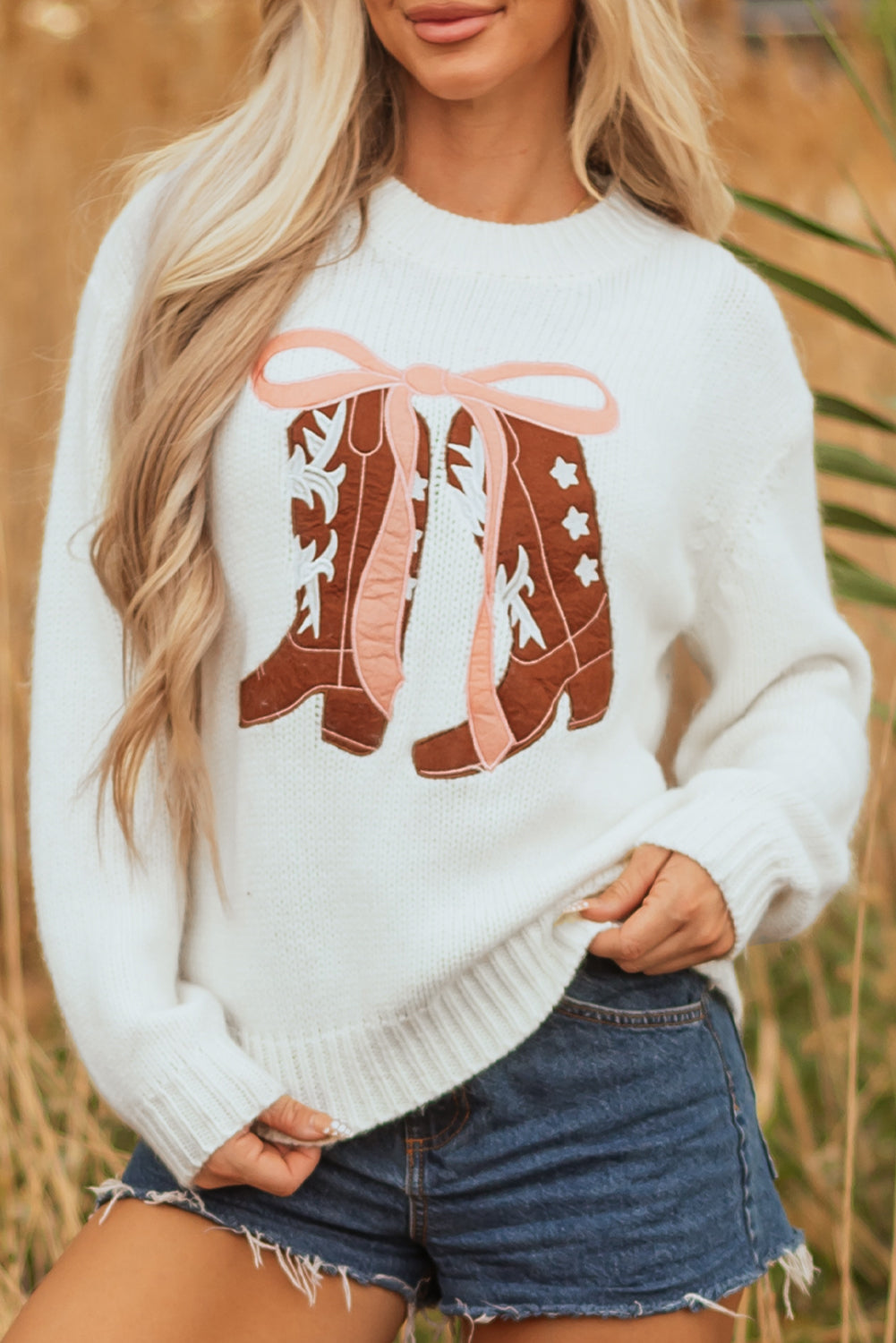 White Embroidered Bow Boots Graphic Drop Shoulder Sweater-TOPS / DRESSES-[Adult]-[Female]-2022 Online Blue Zone Planet
