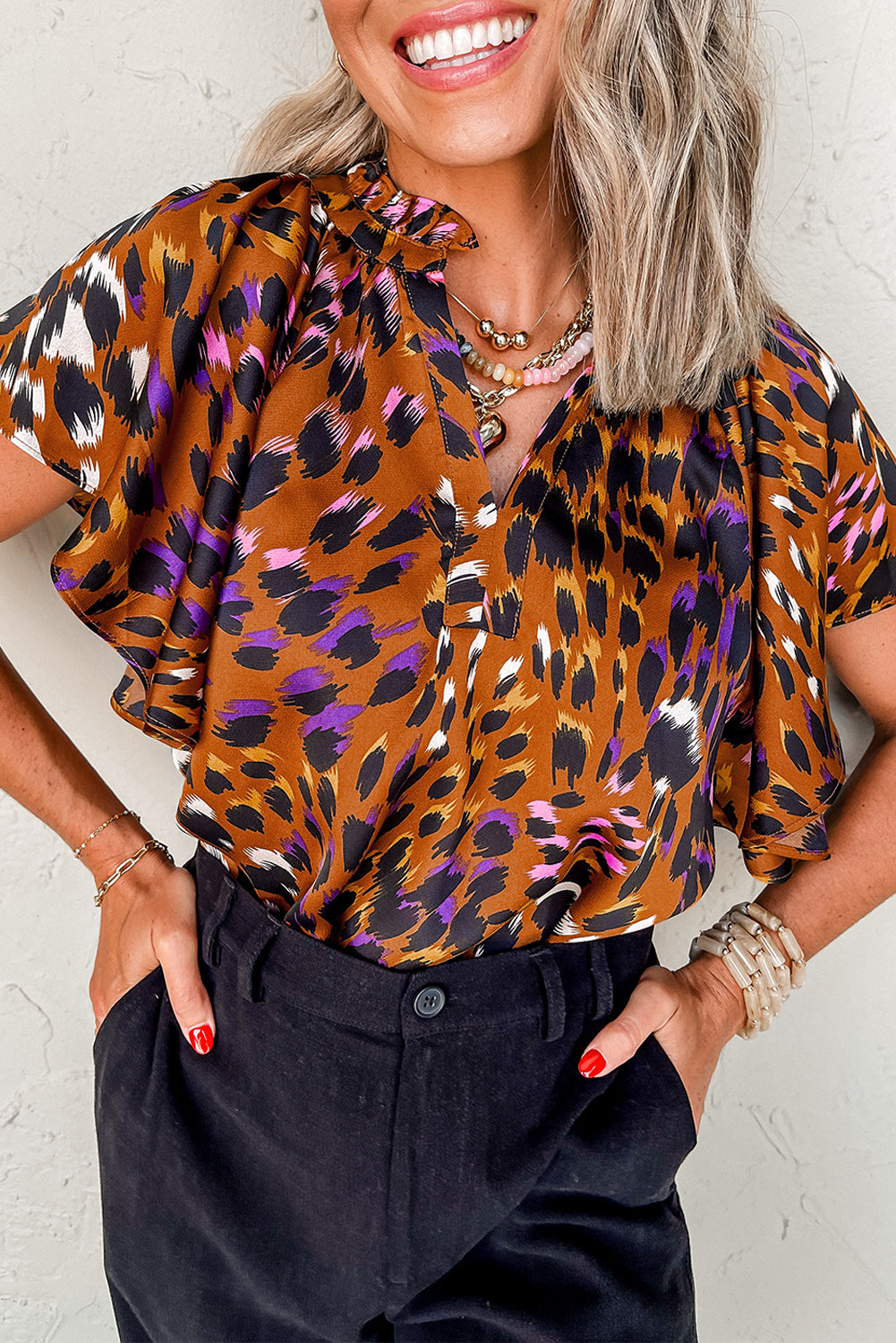 Orange Leopard Printed Draped Short Sleeve Slit V Neck Blouse-Tops/Blouses & Shirts-[Adult]-[Female]-Orange-S-2022 Online Blue Zone Planet