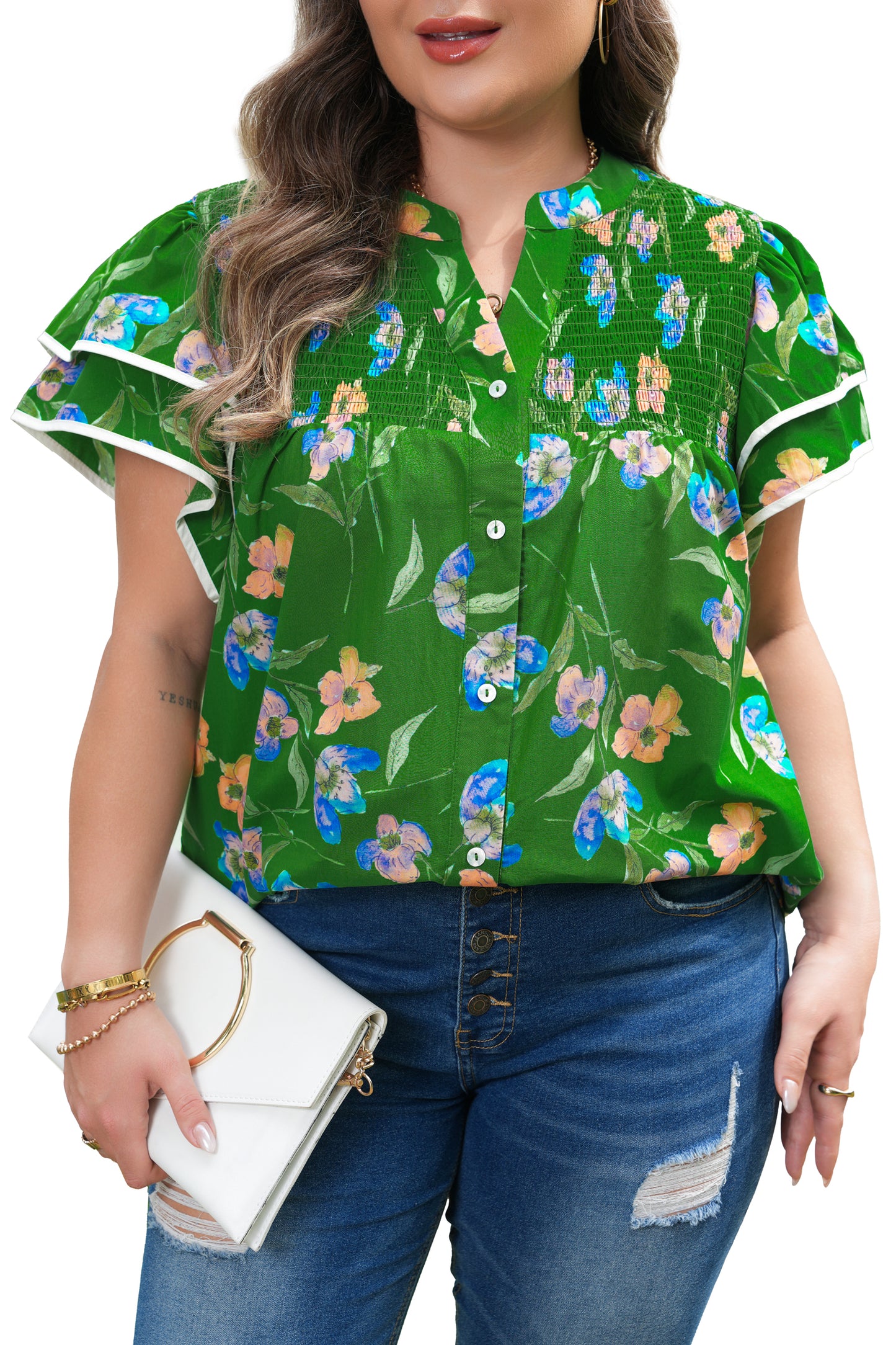 Green Plus Size Ruffled Short Sleeve Floral Top-Plus Size/Plus Size Tops/Plus Size Blouses & Shirts-[Adult]-[Female]-2022 Online Blue Zone Planet