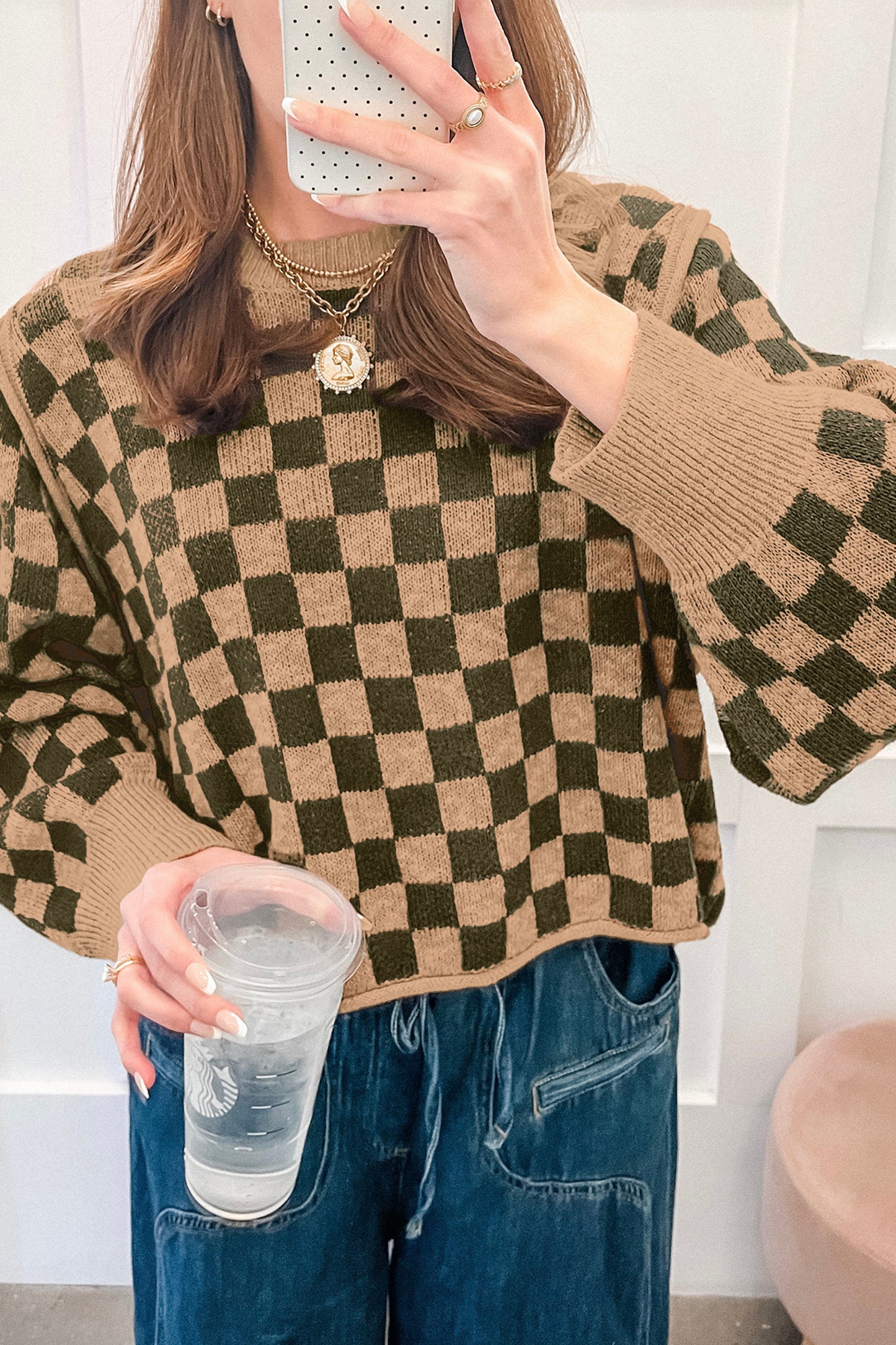 Multicolour Drop Shoulder Plaid Knit Long Sleeve Sweater-Sweaters & Cardigans/Sweaters-[Adult]-[Female]-Multicolour-S-2022 Online Blue Zone Planet