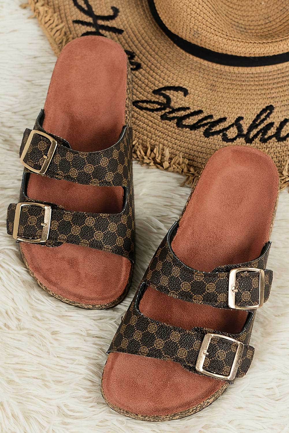 Coffee Geometric Print Cut Out Buckle Pu Leather Flat Slippers-Shoes & Bags/Slippers-[Adult]-[Female]-2022 Online Blue Zone Planet