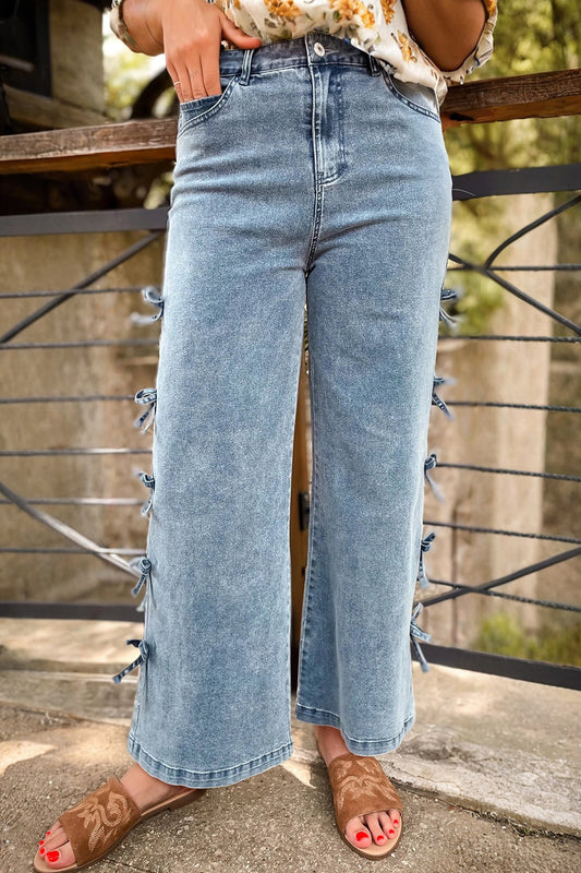 Beau Blue Bow Knot Side Detail Straight Leg Loose Jeans-Bottoms/Jeans-[Adult]-[Female]-Beau Blue-4-2022 Online Blue Zone Planet