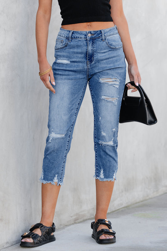 Sky Blue Skinny Distressed Capri Jeans-Bottoms/Jeans-[Adult]-[Female]-Sky Blue-4-2022 Online Blue Zone Planet