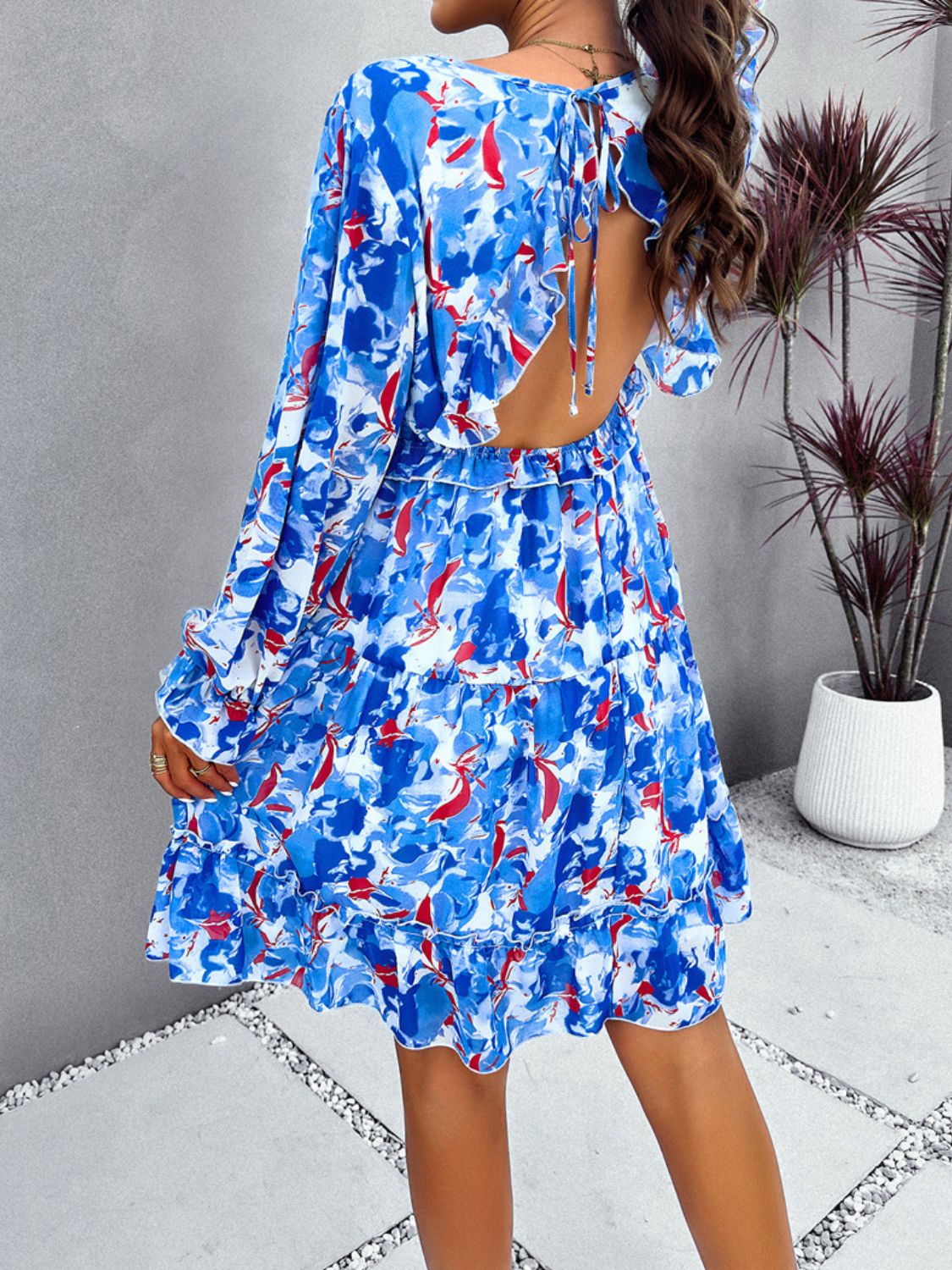 Blue Zone Planet | Backless Printed V-Neck Flounce Sleeve Dress-TOPS / DRESSES-[Adult]-[Female]-2022 Online Blue Zone Planet