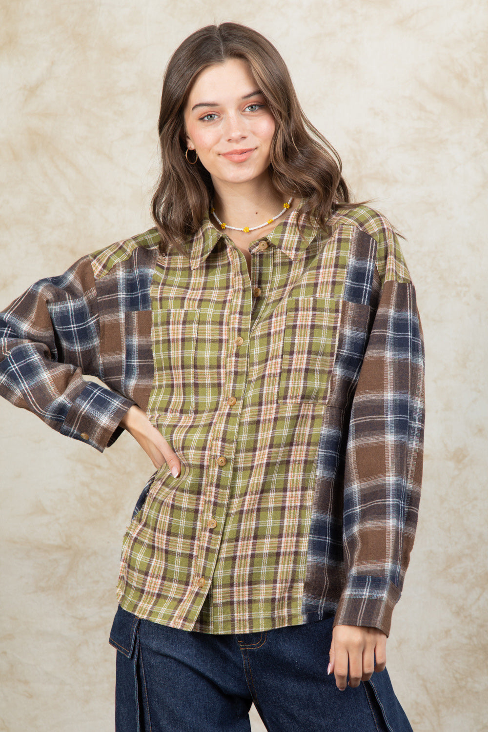 Plaid Collared Neck Button Up Long Sleeve Shirt-TOPS / DRESSES-[Adult]-[Female]-Olive-S-2022 Online Blue Zone Planet