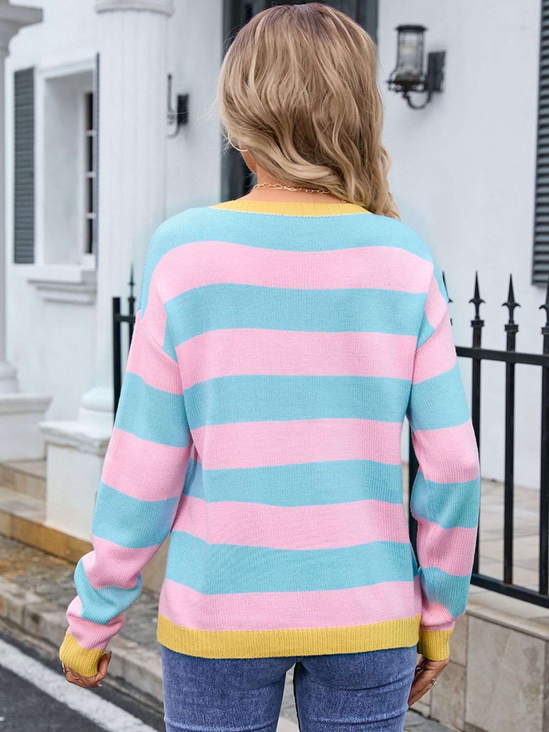 Striped Round Neck Dropped Shoulder Sweater-TOPS / DRESSES-[Adult]-[Female]-2022 Online Blue Zone Planet