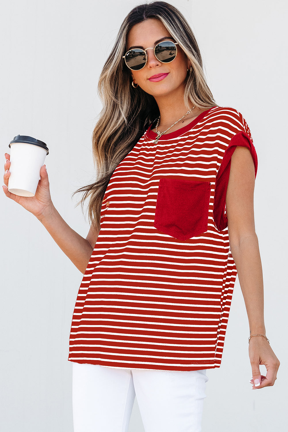 Red Stripe Chest Pocket Patch Round Neck Tank Top-Tops/Tank Tops-[Adult]-[Female]-2022 Online Blue Zone Planet