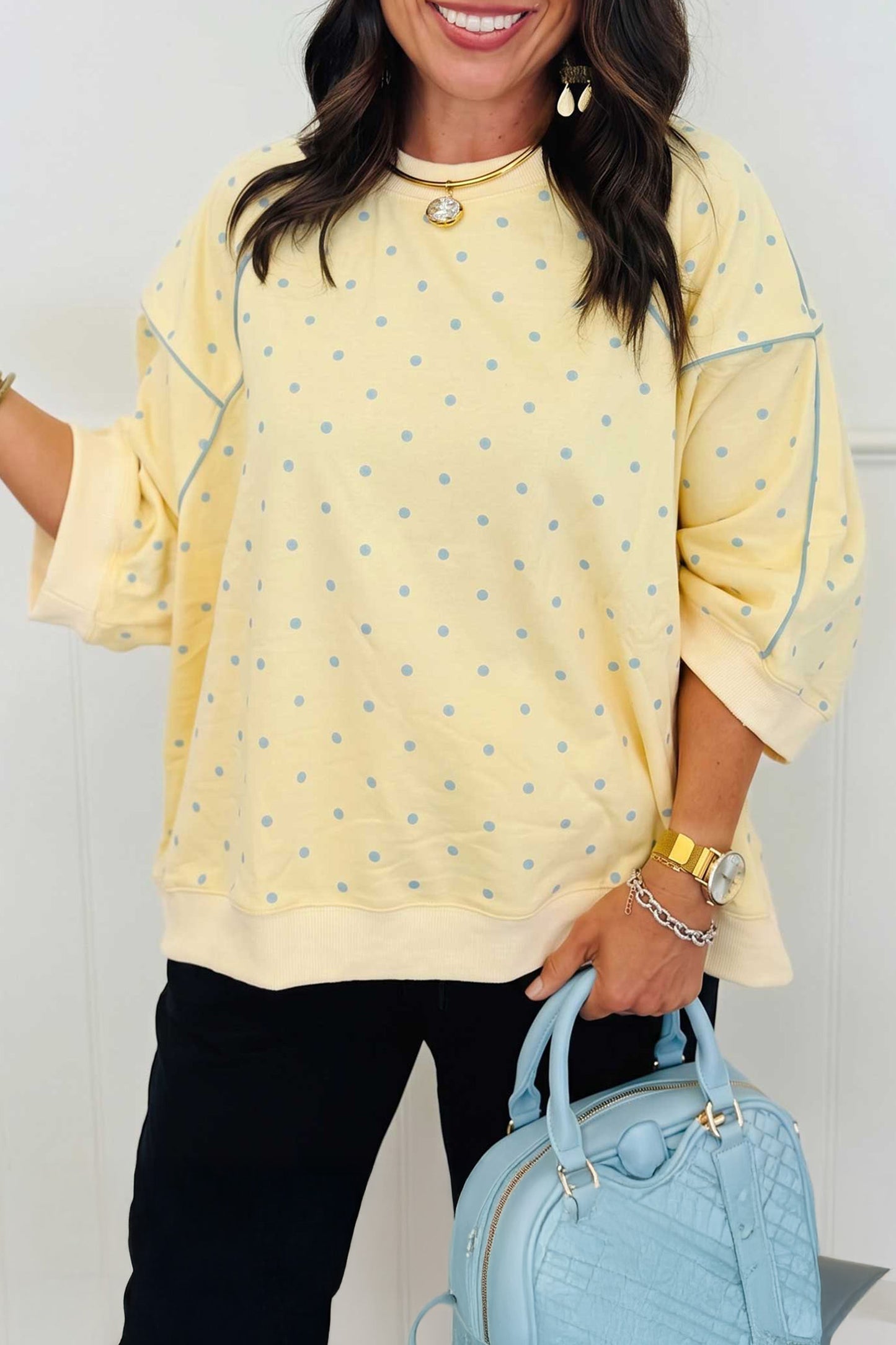 Yellow Polka Dot Print Piping Trim 3/4 Sleeve Relaxed Top-Tops/Long Sleeve Tops-[Adult]-[Female]-Yellow-S-2022 Online Blue Zone Planet