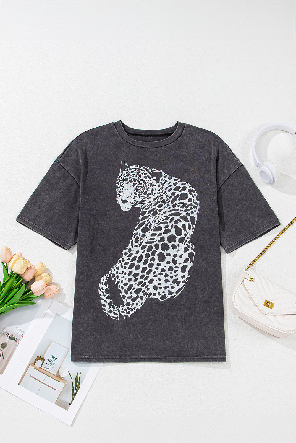 Medium Grey Vintage Cheetah Printed Mineral Wash Graphic Tee-Tops/Tops & Tees-[Adult]-[Female]-2022 Online Blue Zone Planet