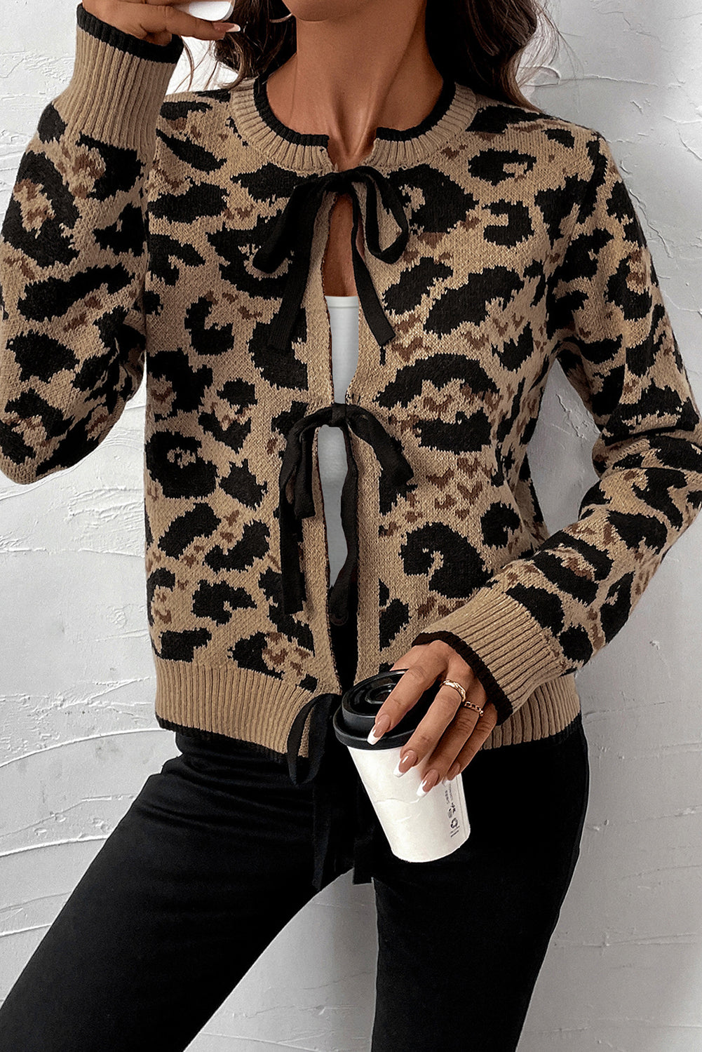 Blue Zone Planet | Brown Leopard Print Bow Tie Knit Cardigan-Cardigans-[Adult]-[Female]-2022 Online Blue Zone Planet