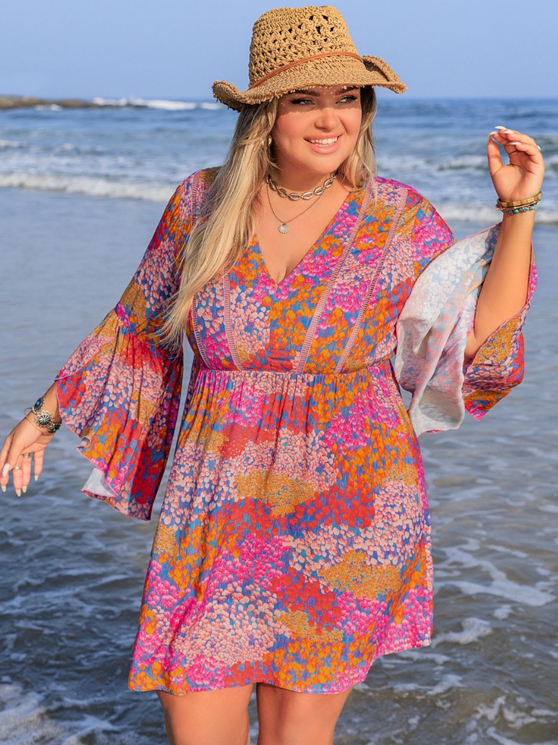 Blue Zone Planet | Plus Size Ruched Printed Long Sleeve Dress-TOPS / DRESSES-[Adult]-[Female]-2022 Online Blue Zone Planet