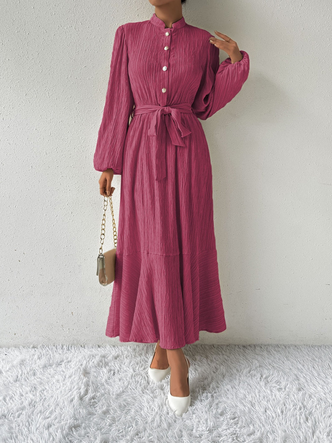 Tie Waist Long Sleeve Dress-TOPS / DRESSES-[Adult]-[Female]-Deep Rose-S-2022 Online Blue Zone Planet