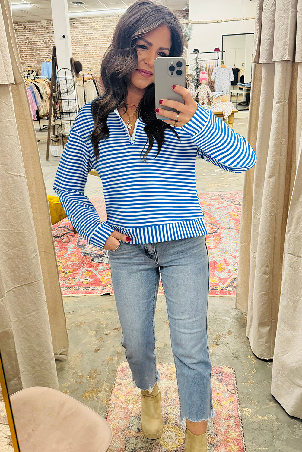 Green Stripe Quarter Zip Collar Pullover Long Sleeve Top
